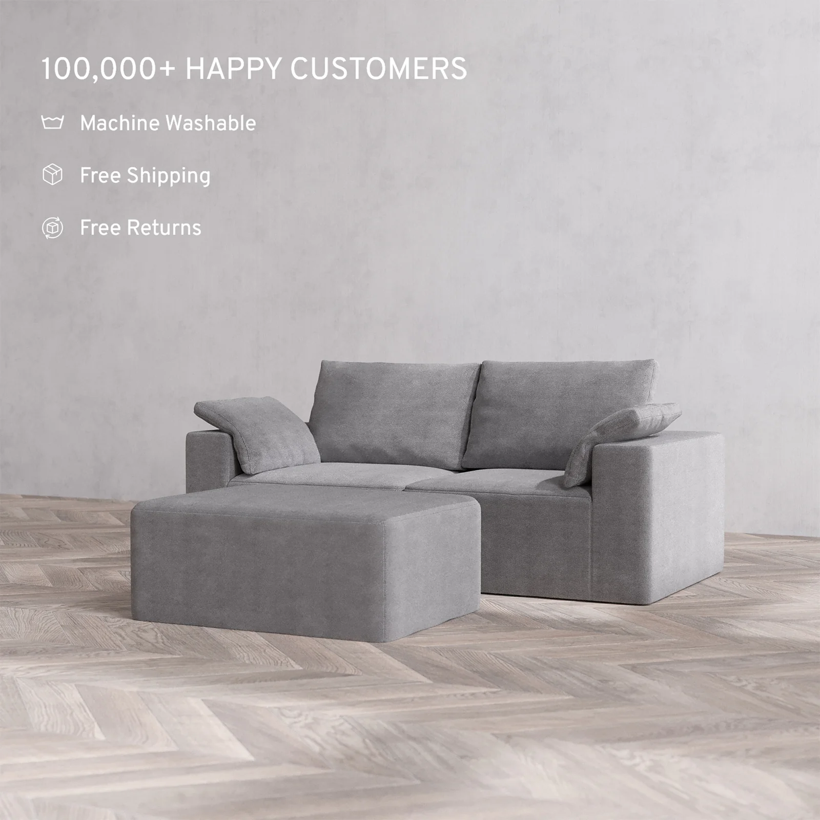 Slipcover Only - Modular Washable 2-Seater + Chaise Ottoman Cloud + Bolster Sofa in Slate - Image 2