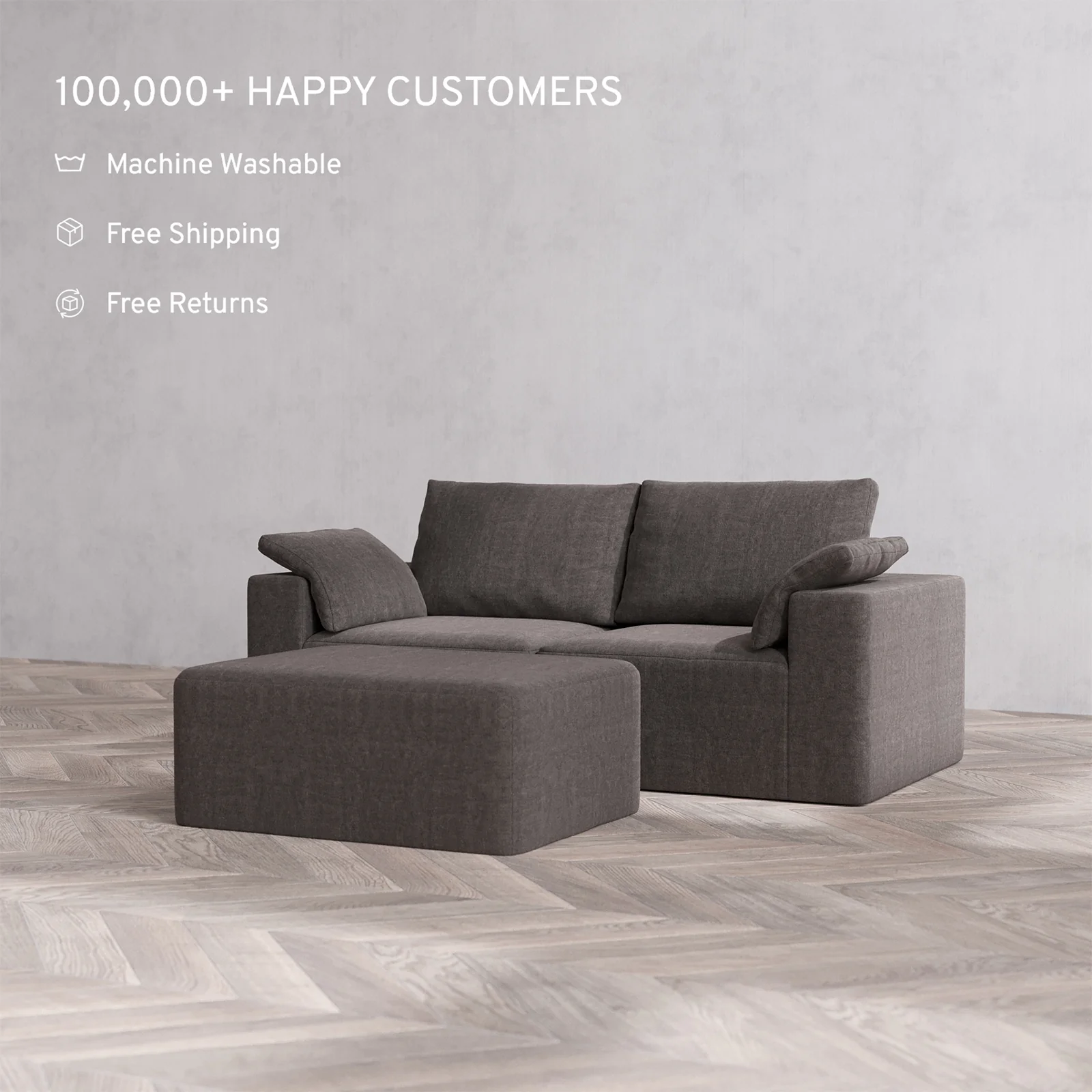 Slipcover Only - Modular Washable 2-Seater + Chaise Ottoman Cloud + Bolster Sofa in Truffle - Image 2