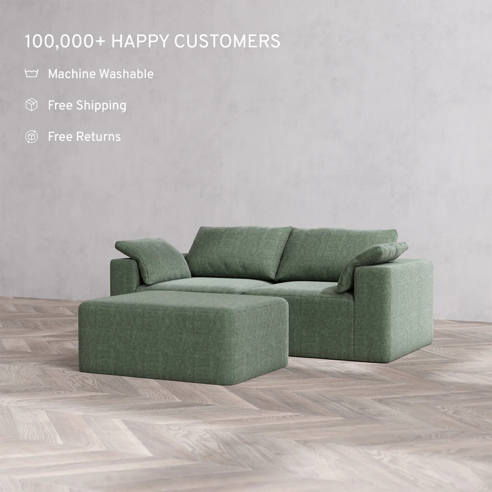 Slipcover Only - Modular Washable 2-Seater + Chaise Ottoman Cloud Sofa in Sage - Image 2