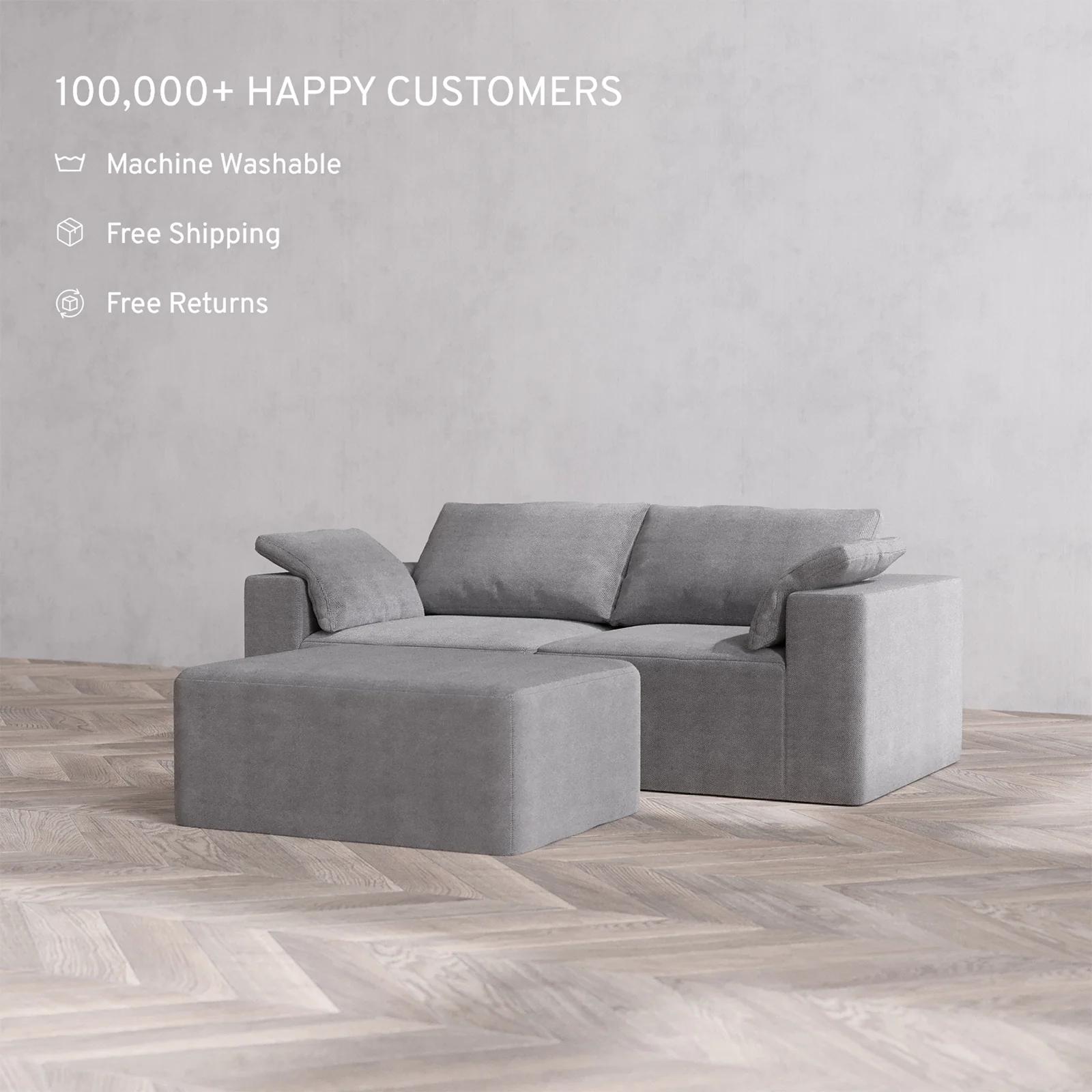 Slipcover Only - Modular Washable 2-Seater + Chaise Ottoman Cloud Sofa in Slate - Image 2