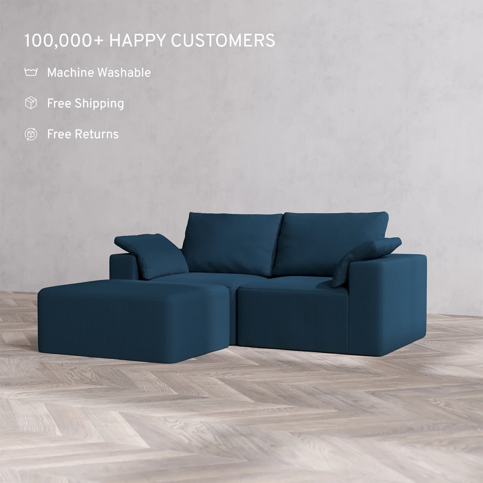 Slipcover Only - Modular Washable 2-Seater Chaise Sectional Cloud + Bolster Sofa in Lazuli - Image 2