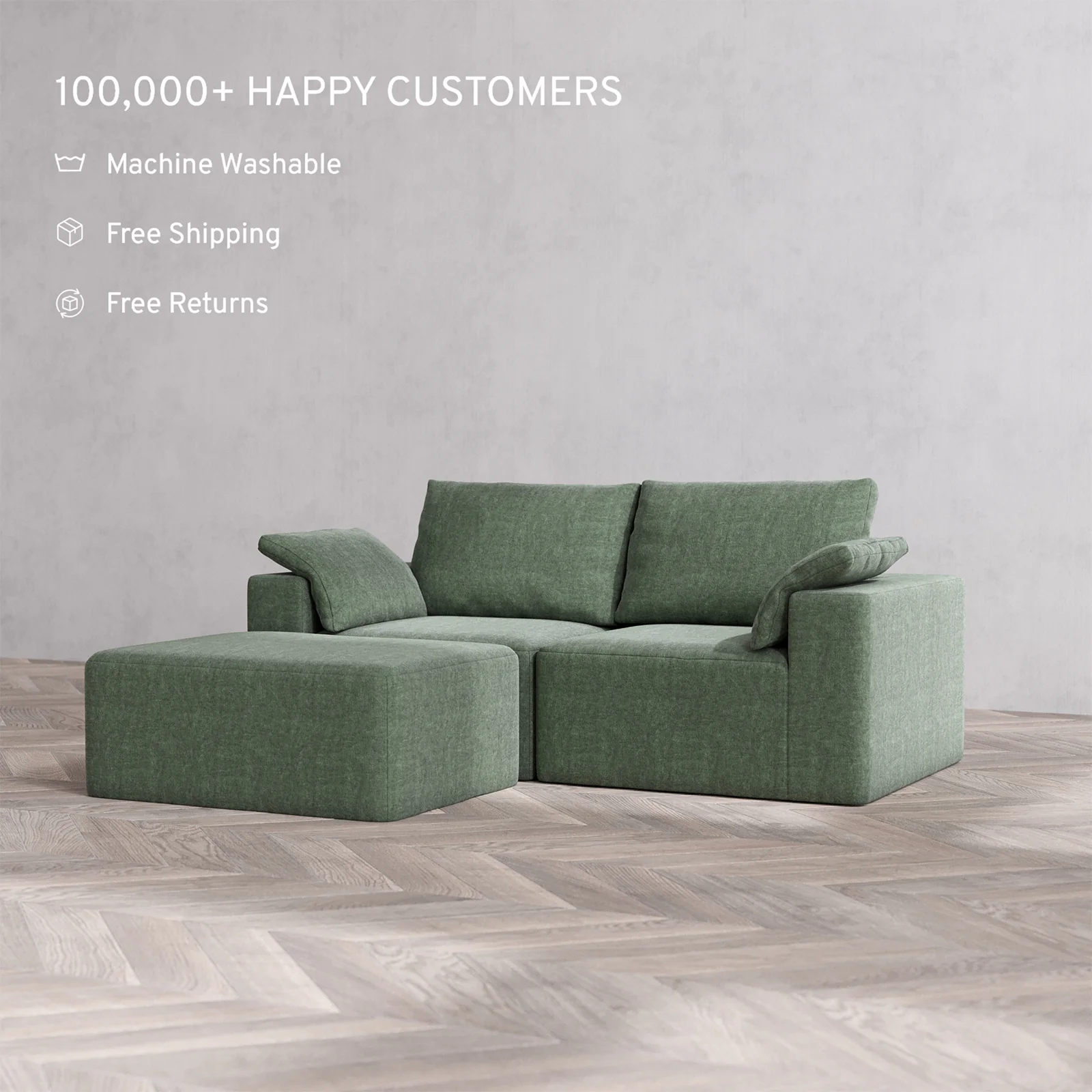 Slipcover Only - Modular Washable 2-Seater Chaise Sectional Cloud + Bolster Sofa in Sage - Image 2