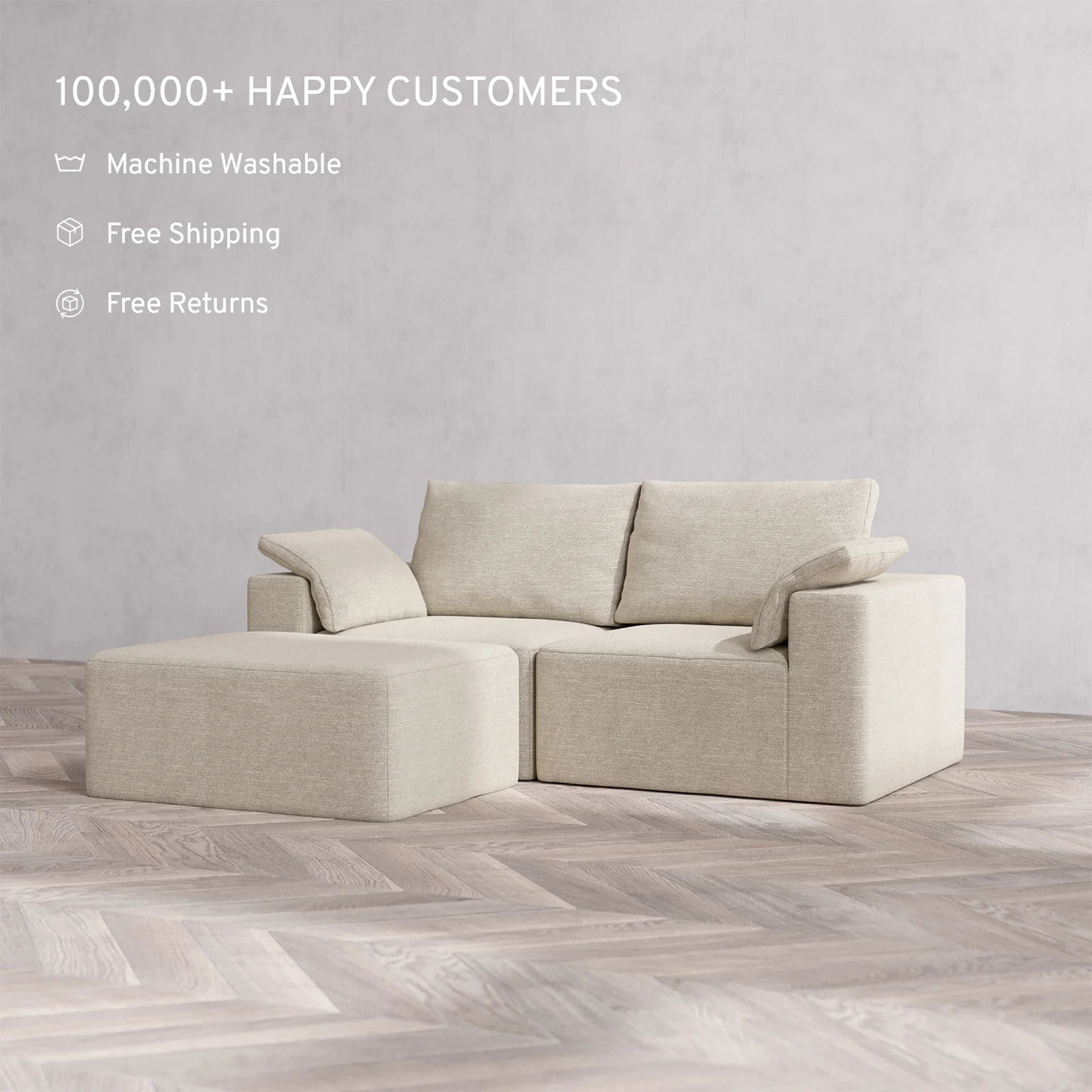 Slipcover Only - Modular Washable 2-Seater Chaise Sectional Cloud + Bolster Sofa in Sandstone - Image 2