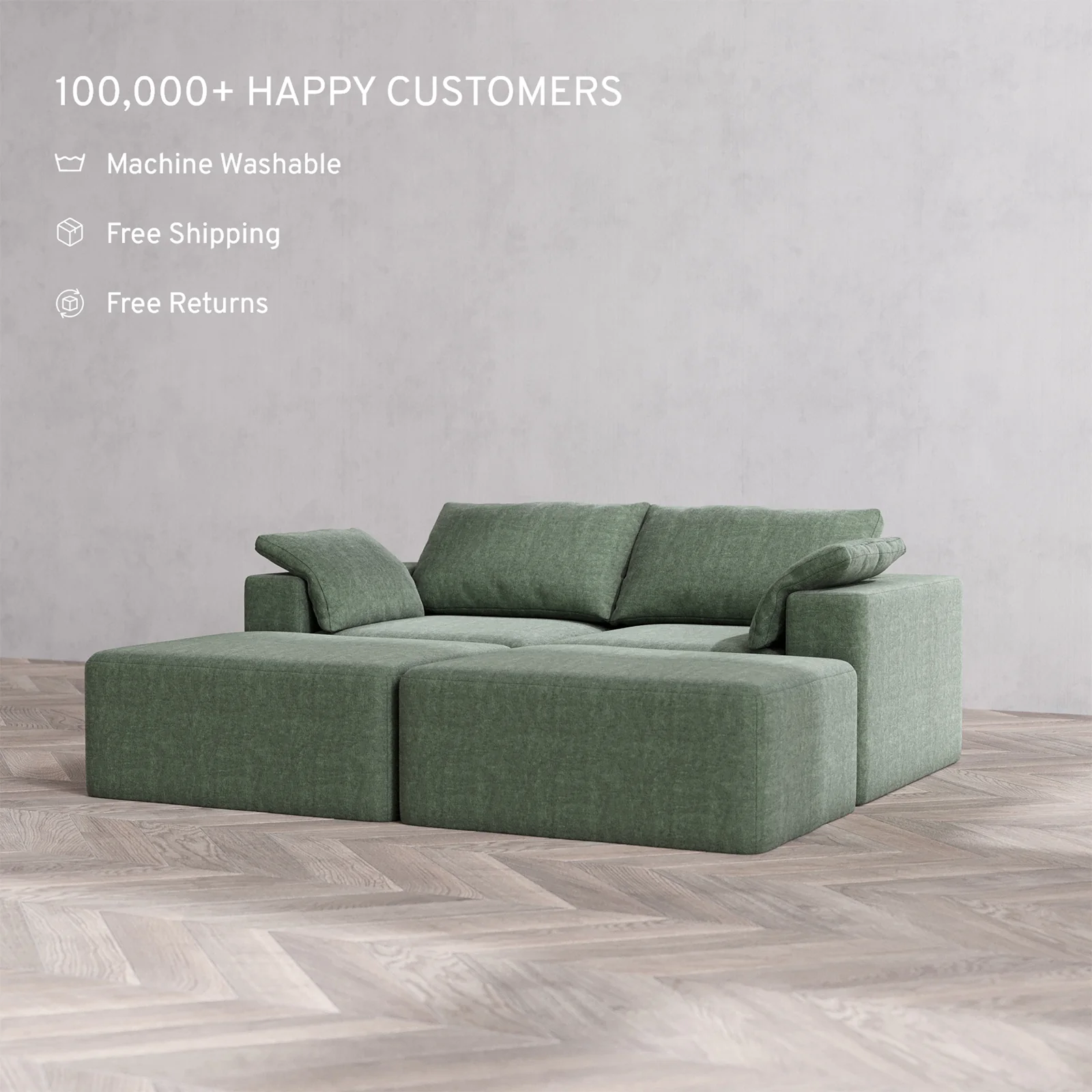 Slipcover Only - Modular Washable 2-Seater Daybed Cloud Sofa Sectional in Sage - Image 2