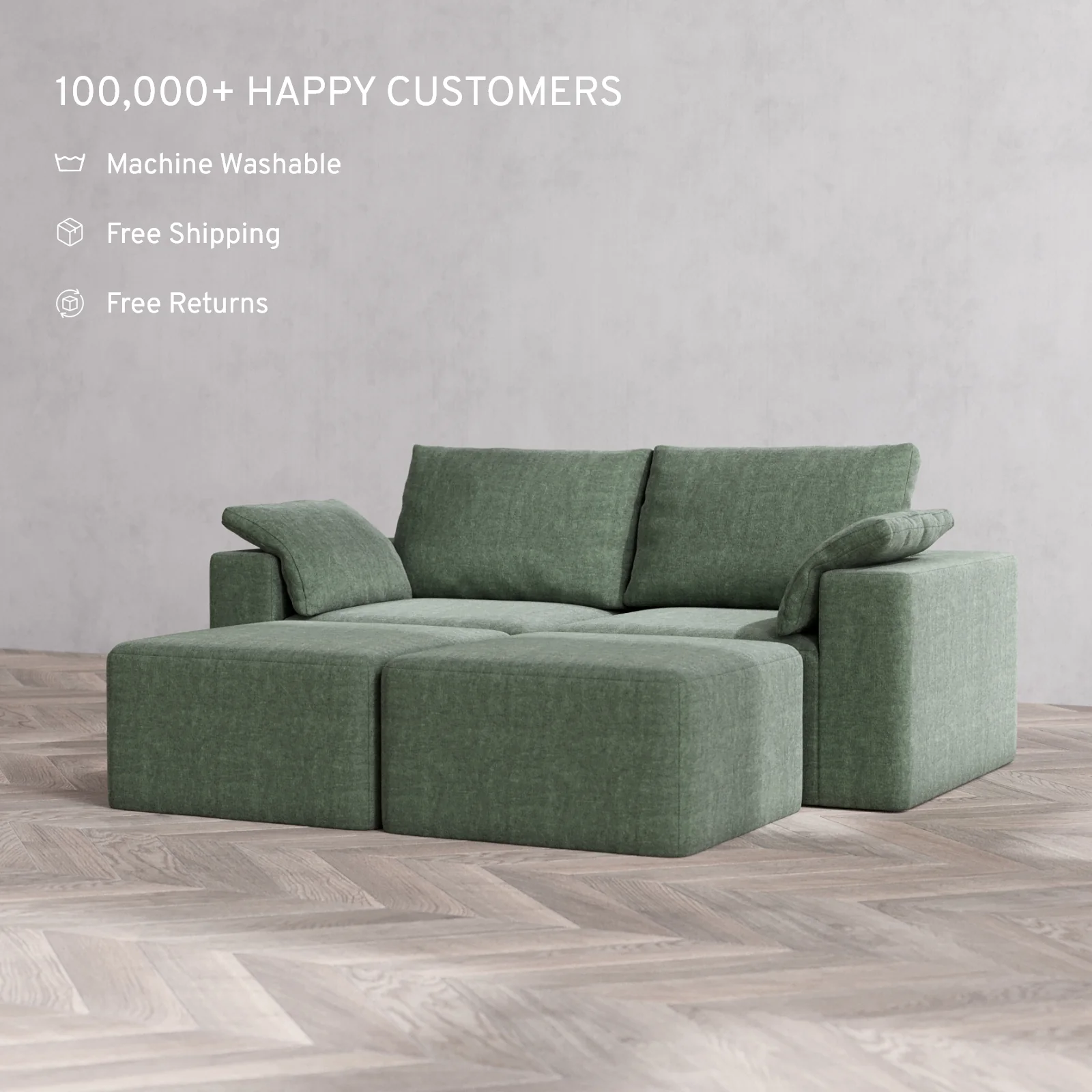 Slipcover Only - Modular Washable 2-Seater Lounge Cloud + Bolster Sofa Sectional in Sage - Image 2