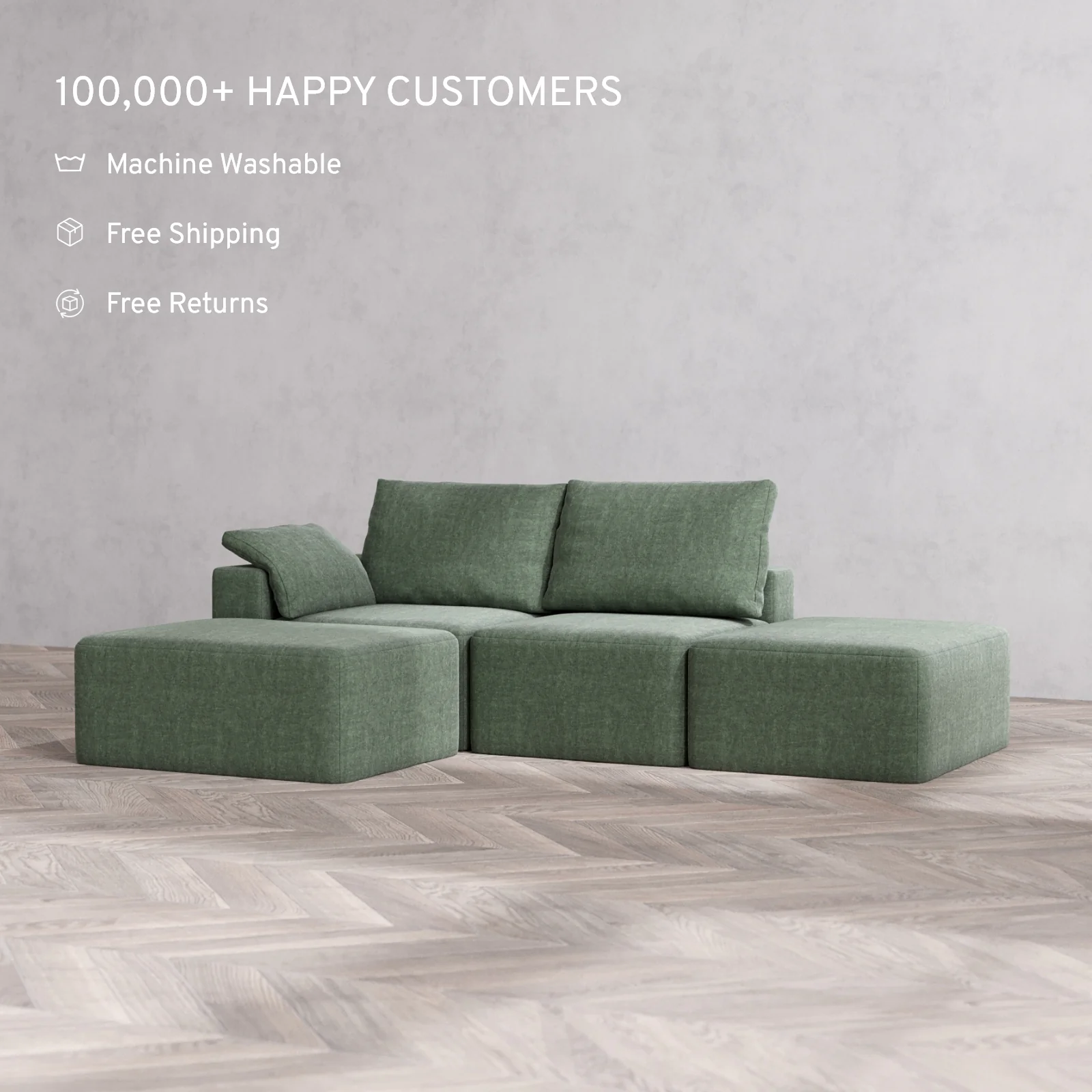 Slipcover Only - Modular Washable 2-Seater Open End Chaise Sectional Cloud + Bolster Sofa in Sage | Left-Facing Arm - Image 2