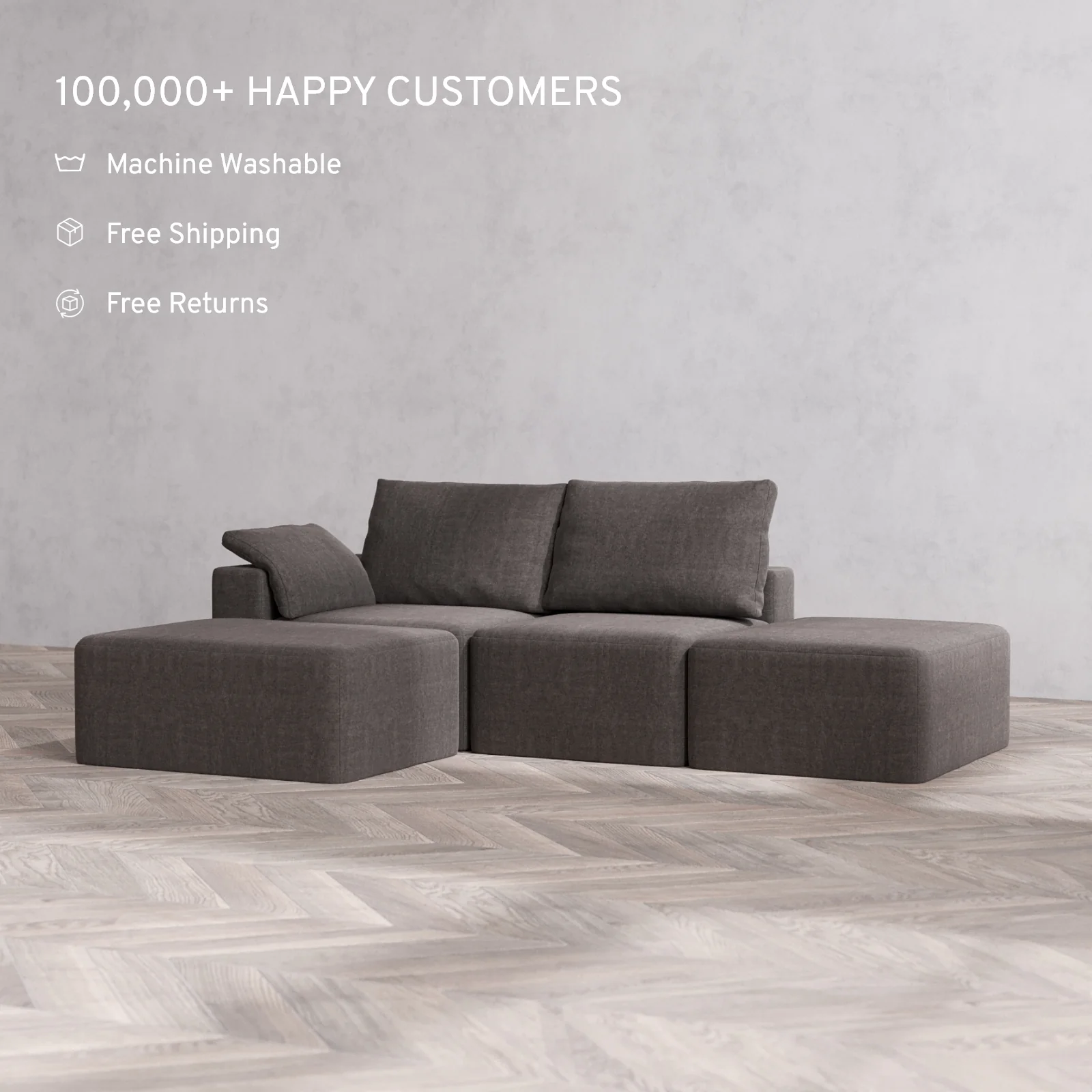 Slipcover Only - Modular Washable 2-Seater Open End Chaise Sectional Cloud + Bolster Sofa in Truffle | Left-Facing Arm - Image 2