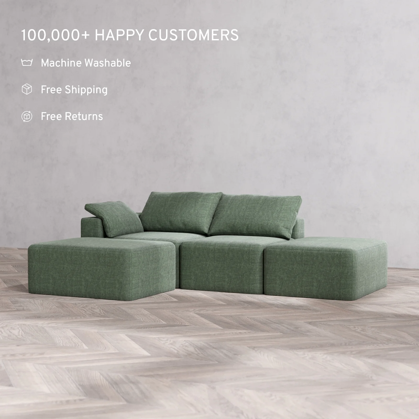 Slipcover Only - Modular Washable 2-Seater Open End Chaise Sectional Cloud Sofa in Sage | Left-Facing Arm - Image 2