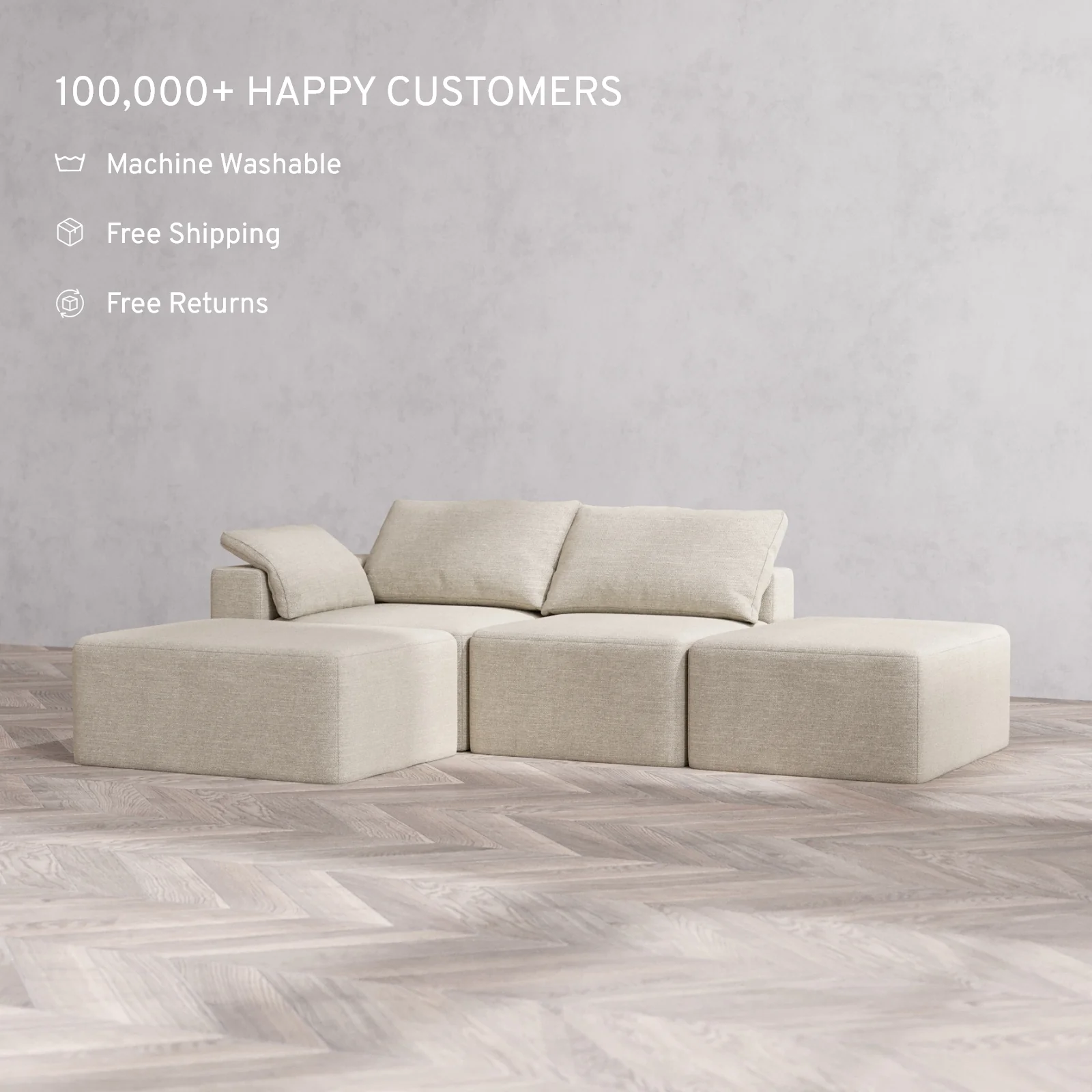 Slipcover Only - Modular Washable 2-Seater Open End Chaise Sectional Cloud Sofa in Sandstone | Left-Facing Arm - Image 2