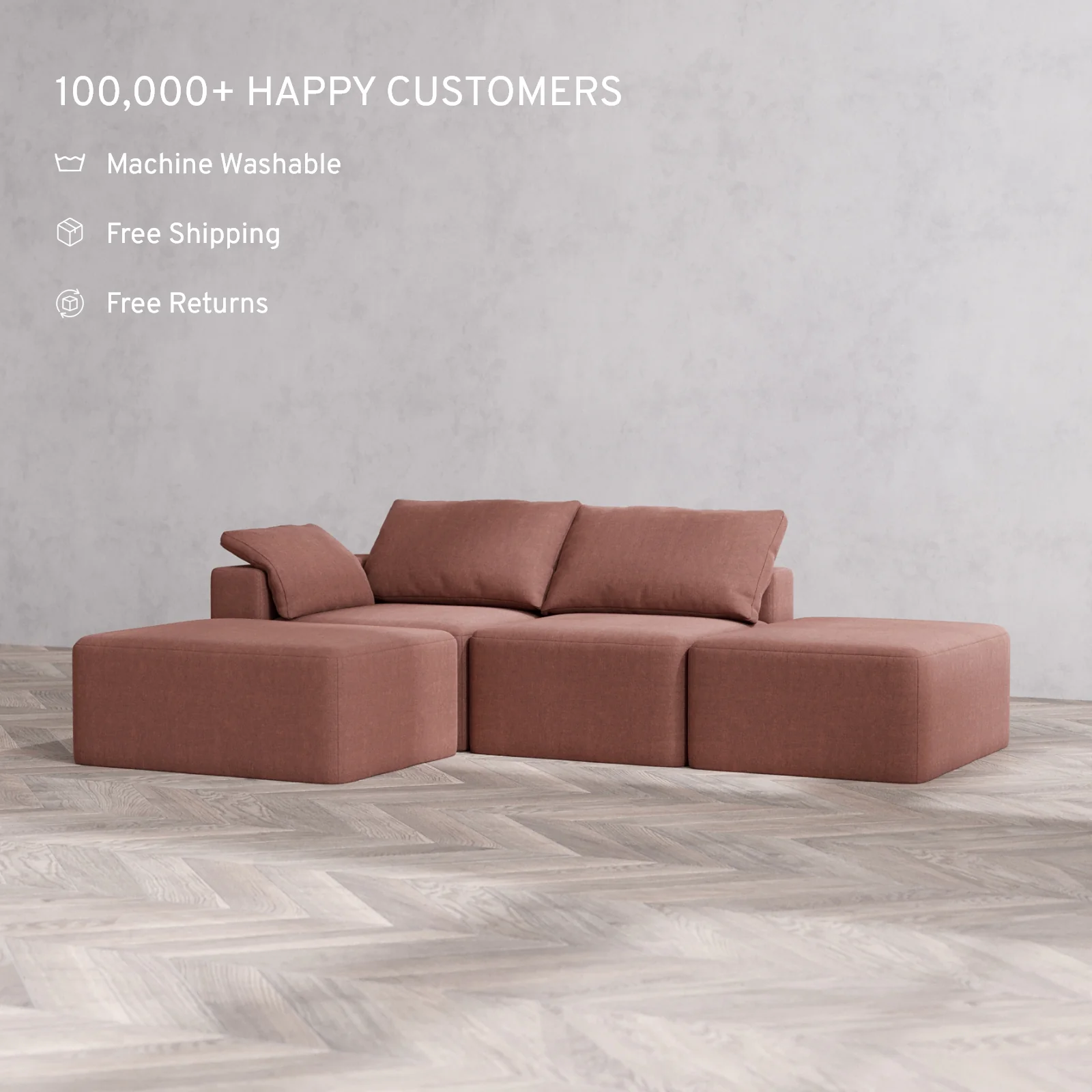Slipcover Only - Modular Washable 2-Seater Open End Chaise Sectional Cloud Sofa in Sumac | Left-Facing Arm - Image 2