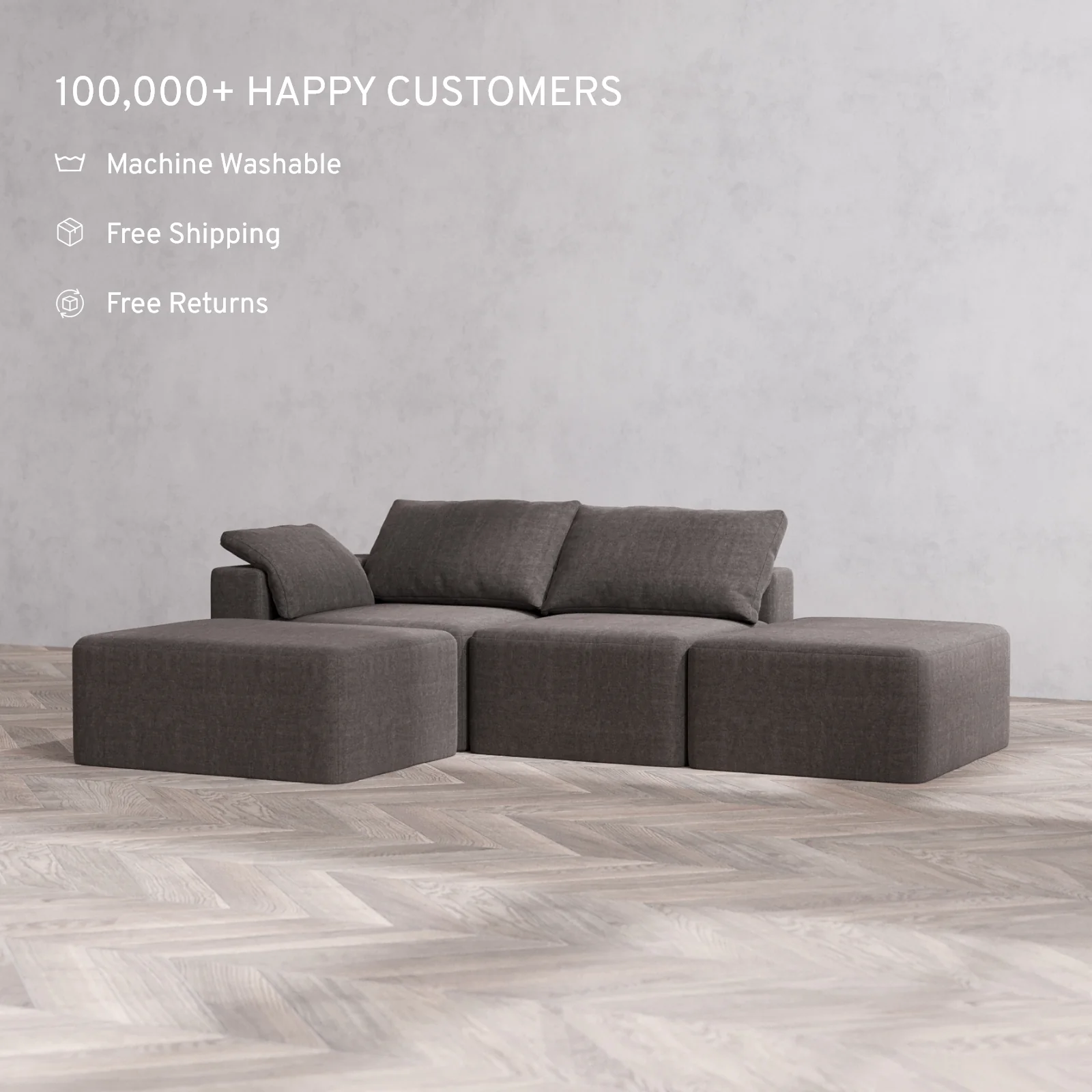 Slipcover Only - Modular Washable 2-Seater Open End Chaise Sectional Cloud Sofa in Truffle | Left-Facing Arm - Image 2