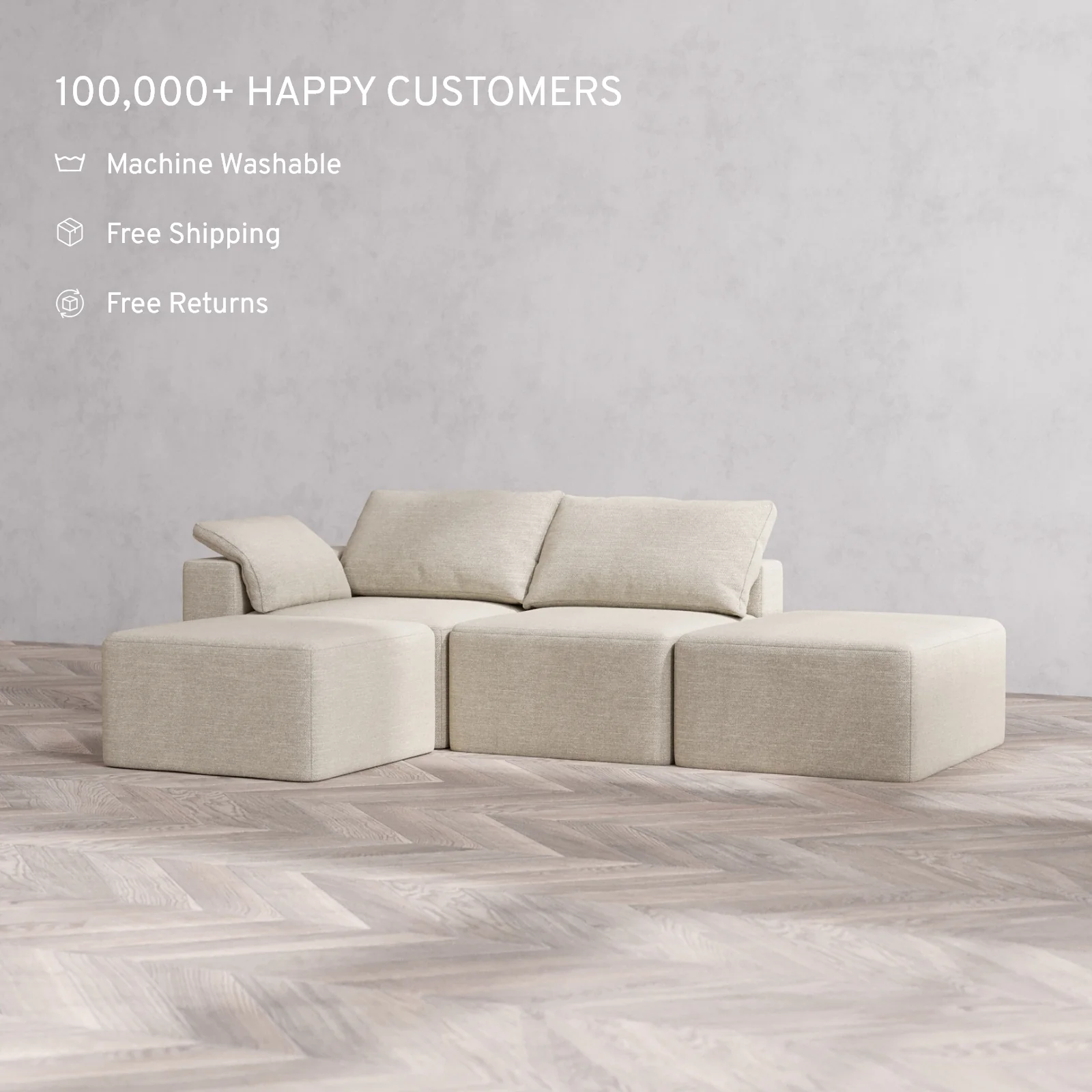 Slipcover Only - Modular Washable 2-Seater Open End Sectional Cloud Sofa in Sandstone | Left-Facing Arm - Image 2