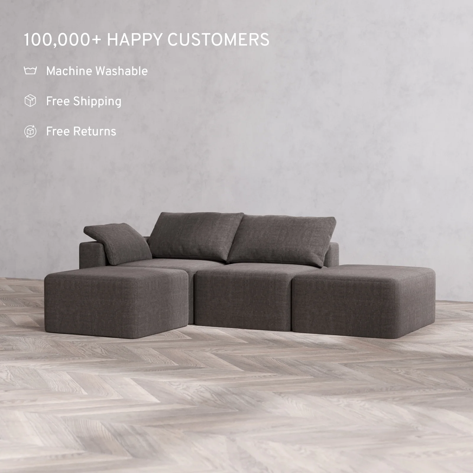 Slipcover Only - Modular Washable 2-Seater Open End Sectional Cloud Sofa in Truffle | Left-Facing Arm - Image 2