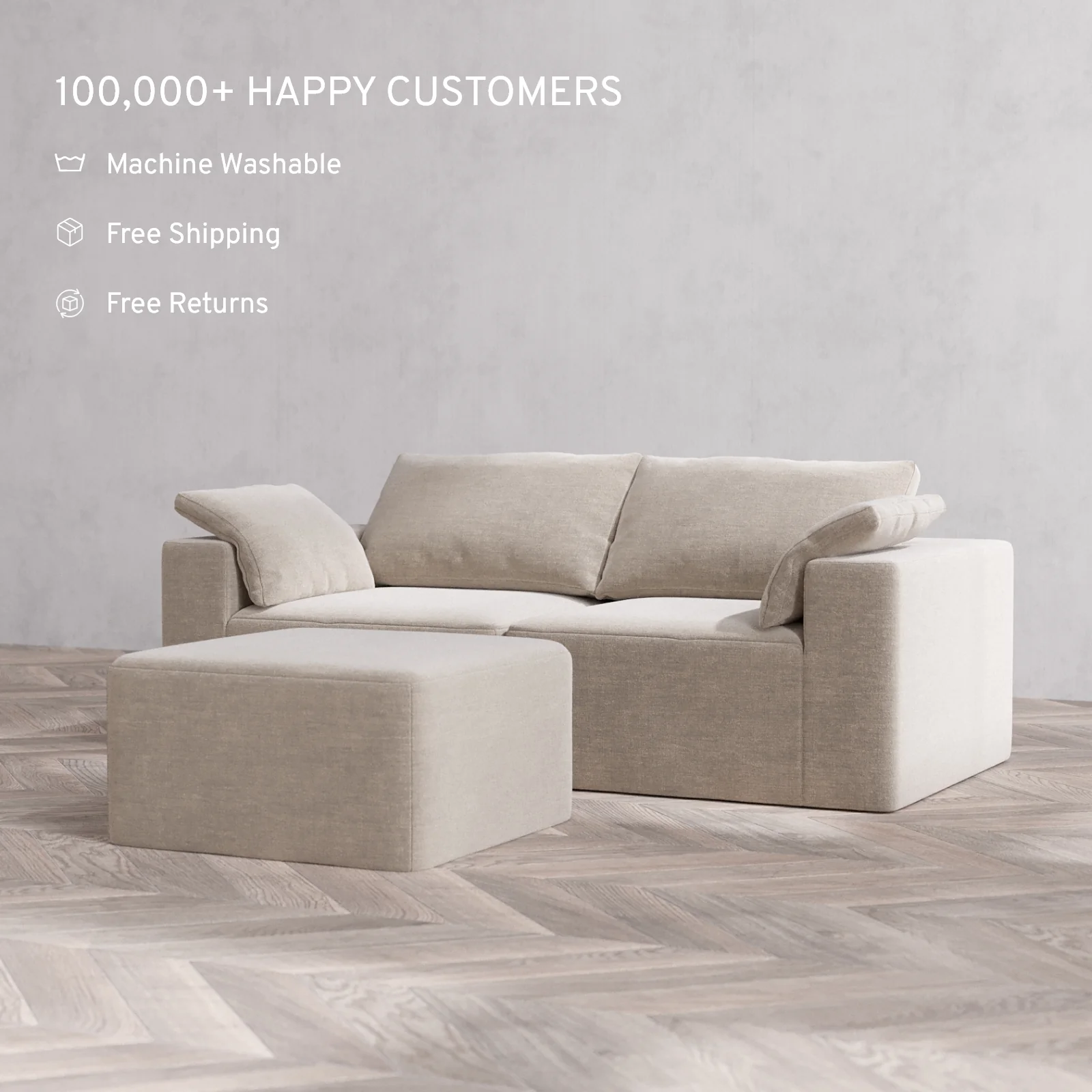 Slipcover Only - Modular Washable 2-Seater Cloud Sofa + Ottoman in Caraway - Image 2