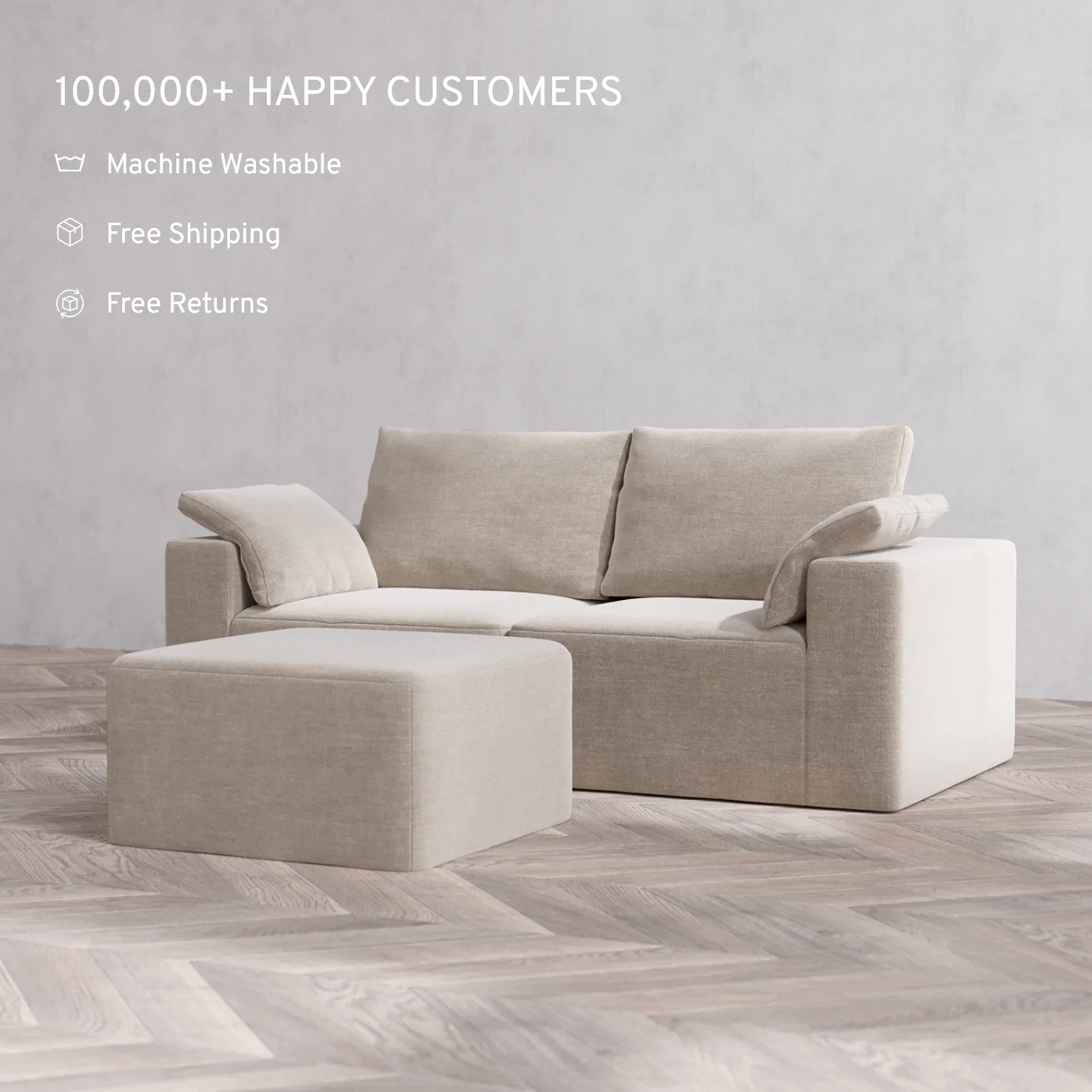 Slipcover Only - Modular Washable 2-Seater Cloud + Bolster Sofa + Ottoman in Caraway - Image 2