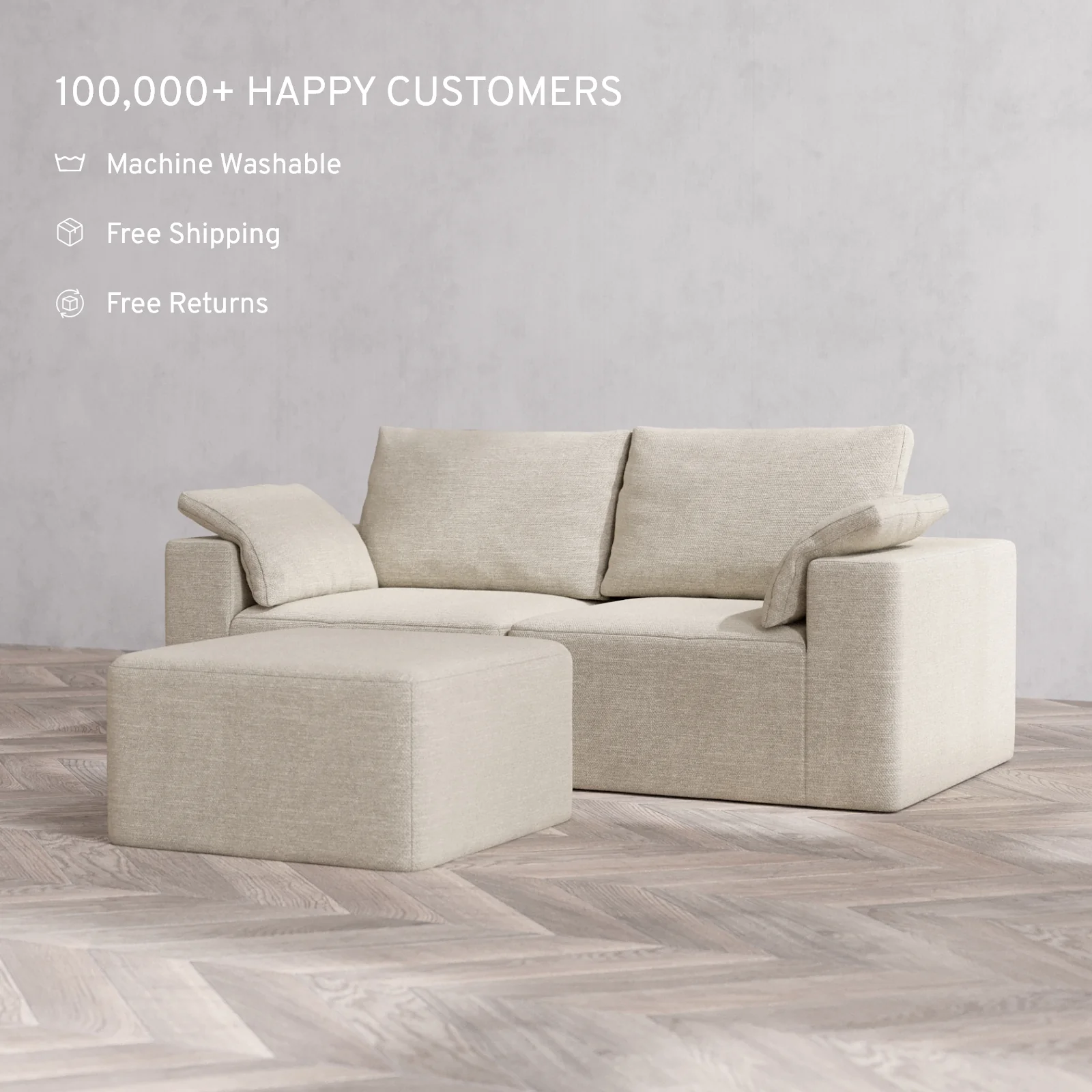Slipcover Only - Modular Washable 2-Seater Cloud + Bolster Sofa + Ottoman in Sandstone - Image 2