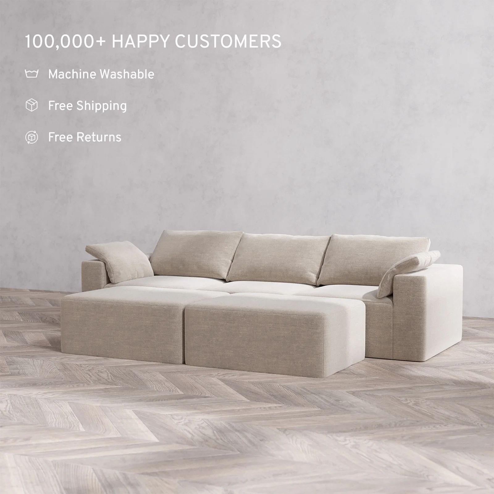 Slipcover Only - Modular Washable 3-Seater + Chaise Ottoman Bench Cloud Sofa in Caraway - Image 2