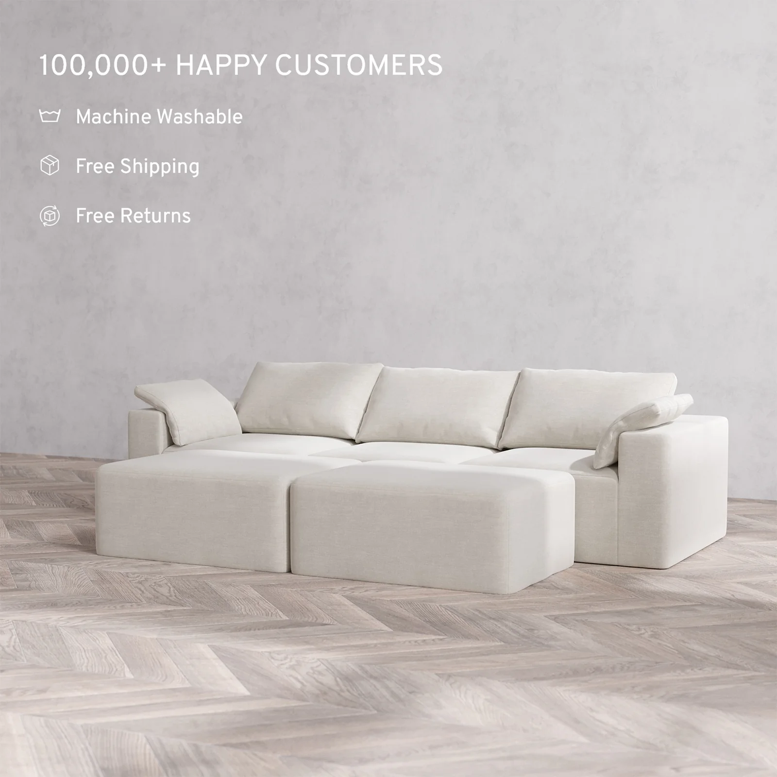 Slipcover Only - Modular Washable 3-Seater + Chaise Ottoman Bench Cloud Sofa in Cashew - Image 2