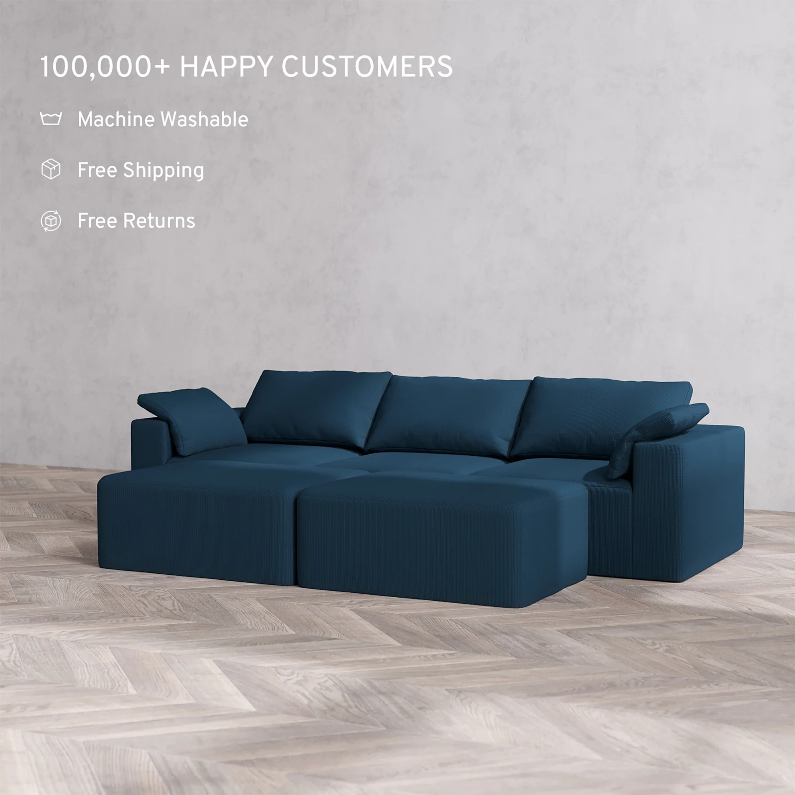 Slipcover Only - Modular Washable 3-Seater + Chaise Ottoman Bench Cloud Sofa in Lazuli - Image 2