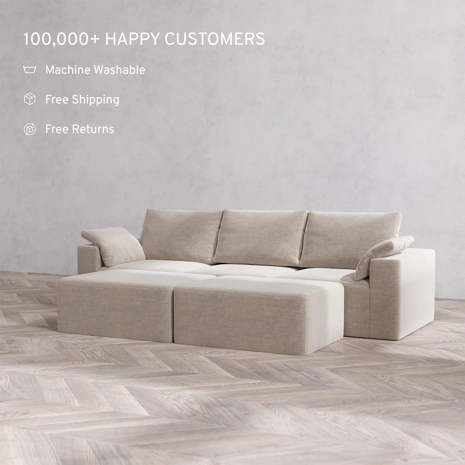 Slipcover Only - Modular Washable 3-Seater + Chaise Ottoman Bench Cloud + Bolster Sofa in Caraway - Image 2