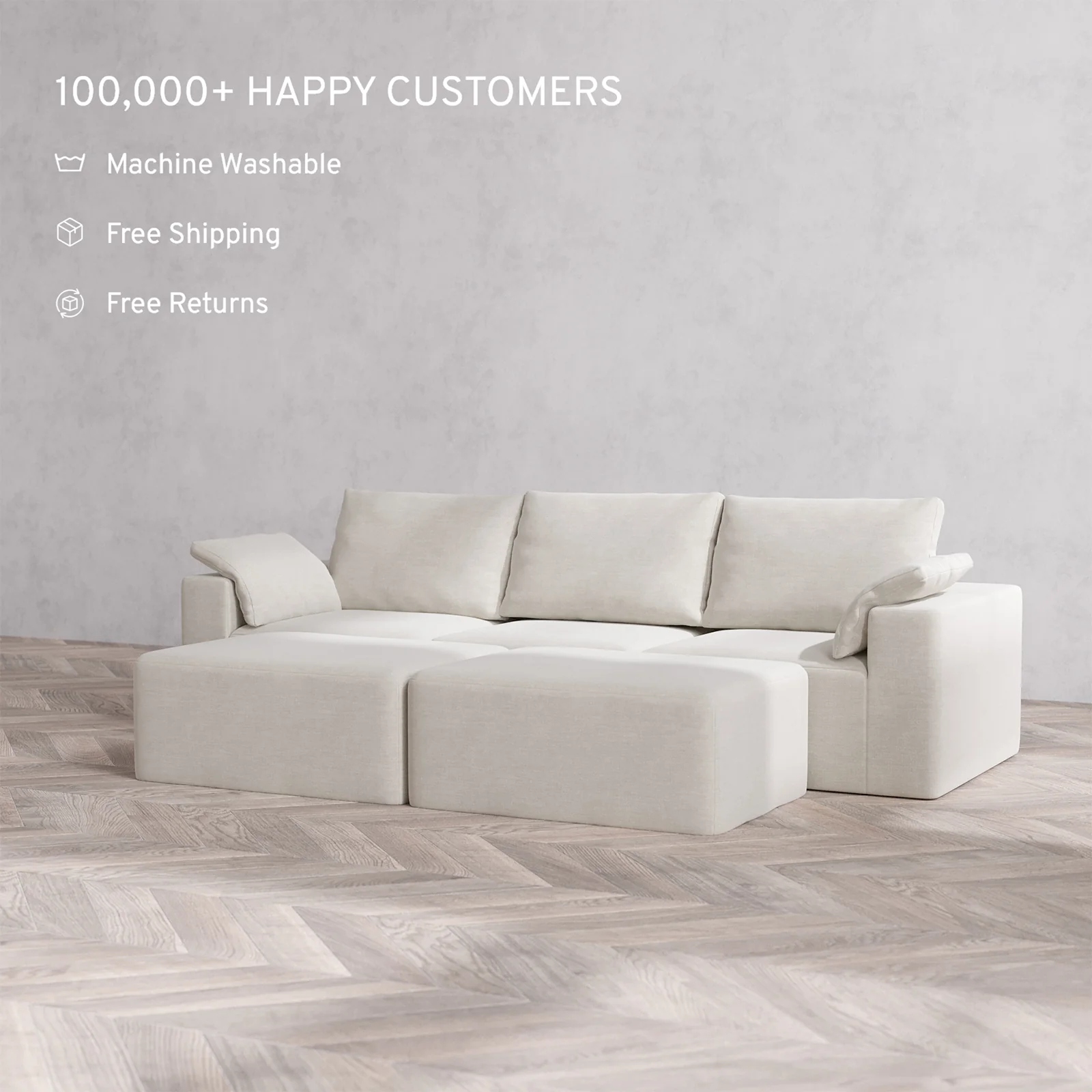 Slipcover Only - Modular Washable 3-Seater + Chaise Ottoman Bench Cloud + Bolster Sofa in Cashew - Image 2