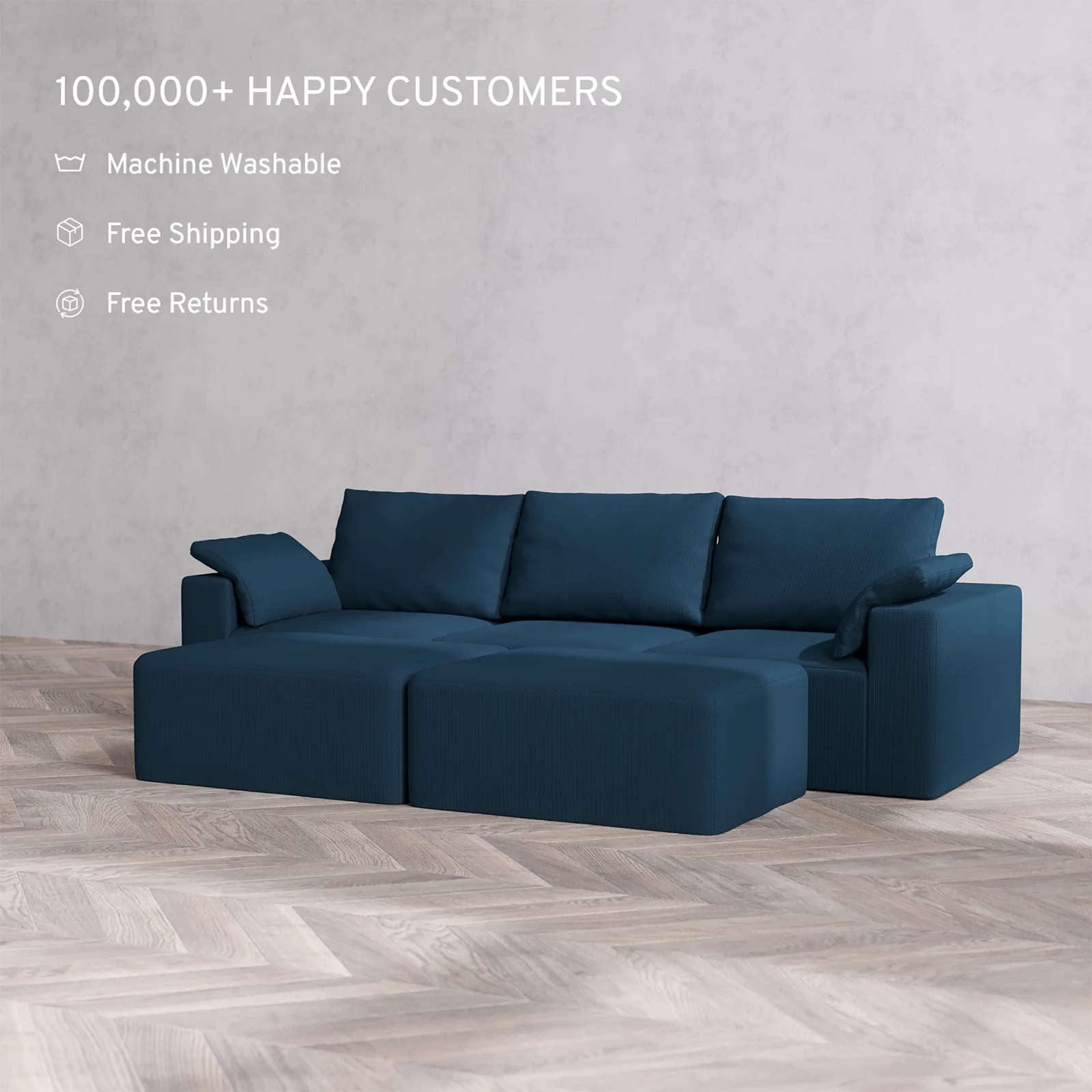Slipcover Only - Modular Washable 3-Seater + Chaise Ottoman Bench Cloud + Bolster Sofa in Lazuli - Image 2