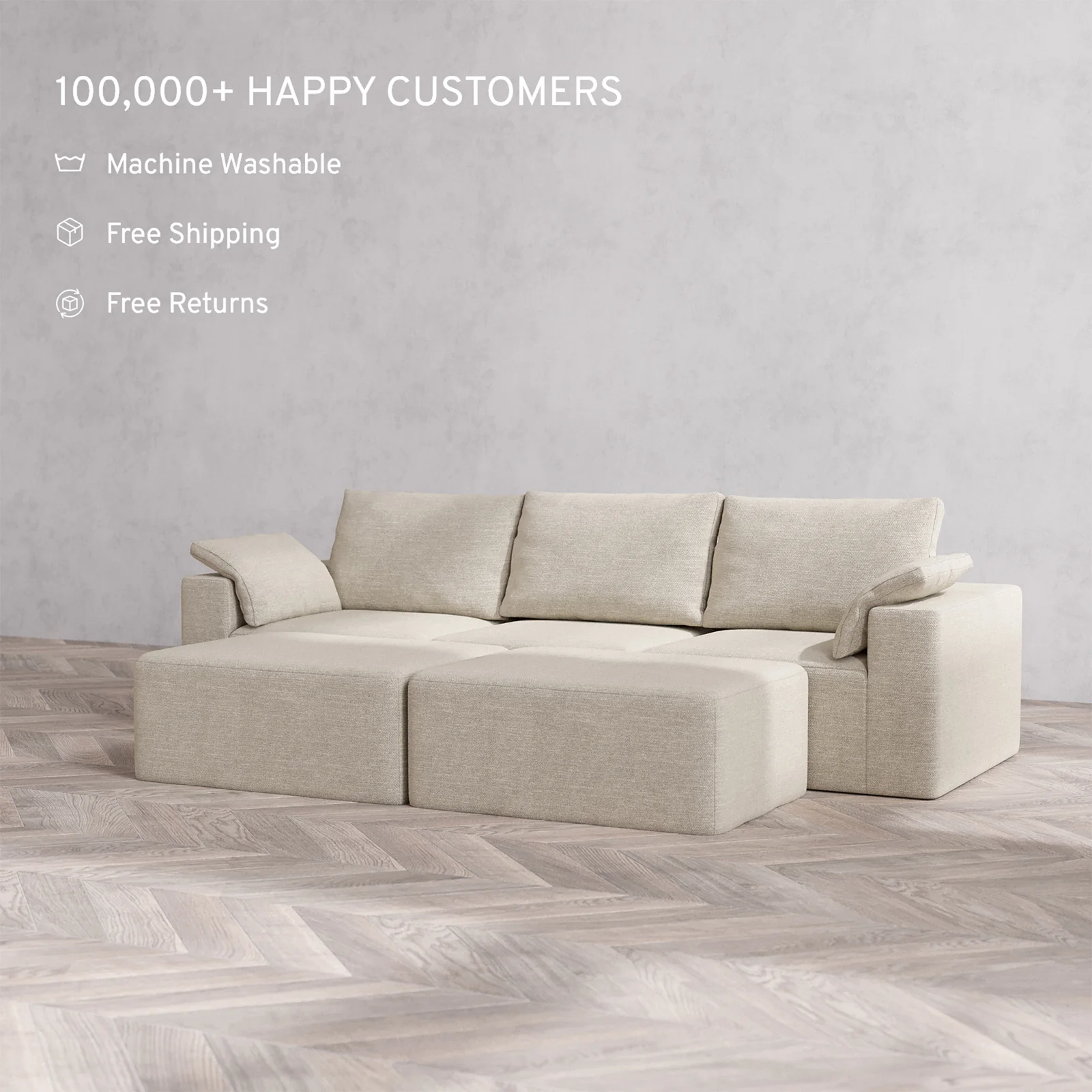 Slipcover Only - Modular Washable 3-Seater + Chaise Ottoman Bench Cloud + Bolster Sofa in Sandstone - Image 2