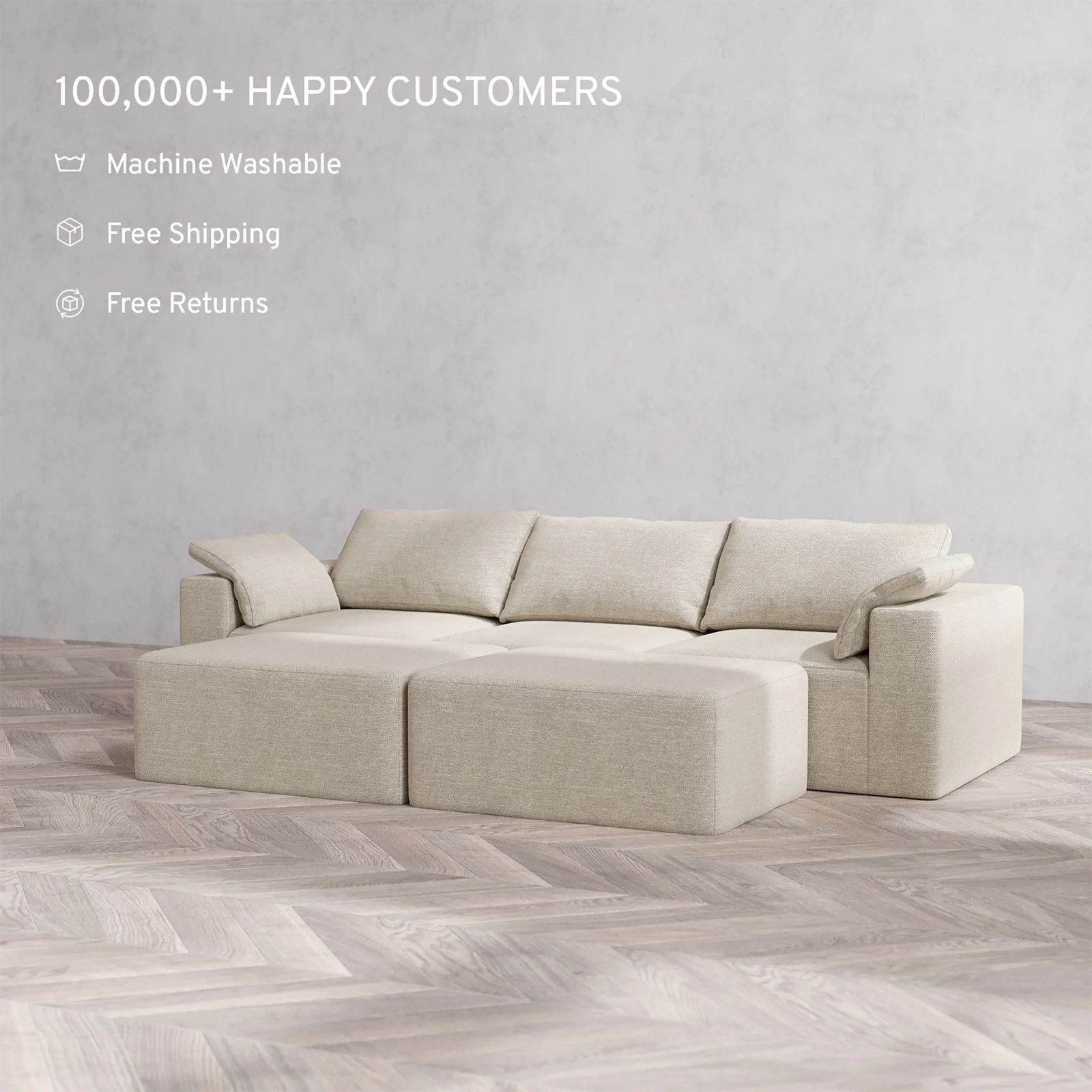 Slipcover Only - Modular Washable 3-Seater + Chaise Ottoman Bench Cloud Sofa in Sandstone - Image 2