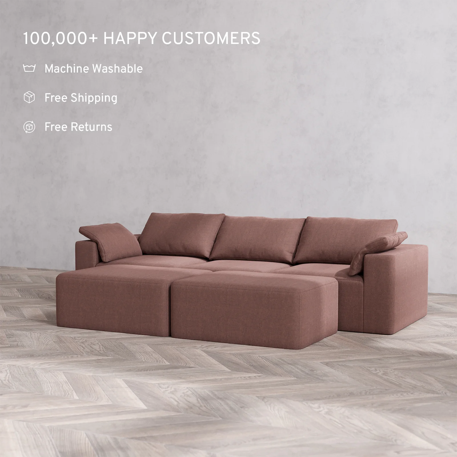 Slipcover Only - Modular Washable 3-Seater + Chaise Ottoman Bench Cloud Sofa in Sumac - Image 2