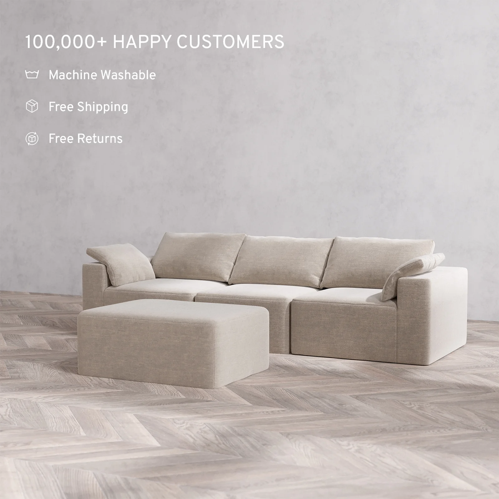 Slipcover Only - Modular Washable 3-Seater + Chaise Ottoman Cloud Sofa in Caraway - Image 2