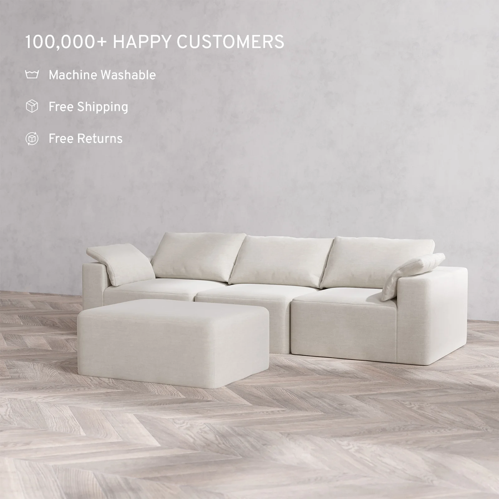 Slipcover Only - Modular Washable 3-Seater + Chaise Ottoman Cloud Sofa in Cashew - Image 2