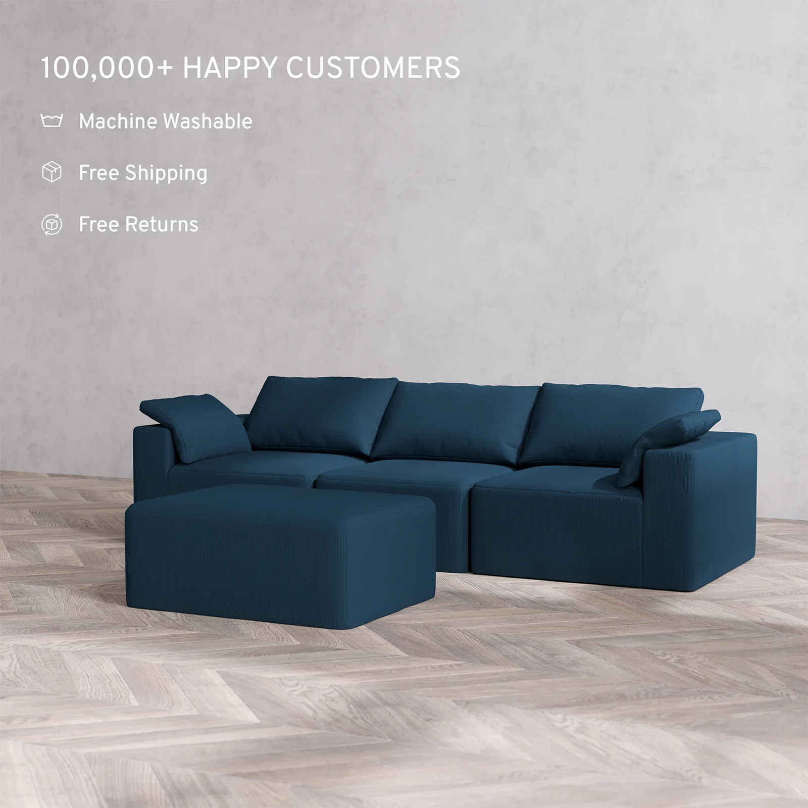 Slipcover Only - Modular Washable 3-Seater + Chaise Ottoman Cloud Sofa in Lazuli - Image 2