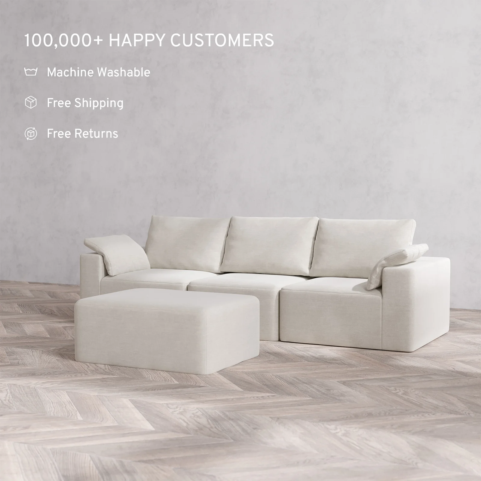 Slipcover Only - Modular Washable 3-Seater + Chaise Ottoman Cloud + Bolster Sofa in Cashew - Image 2