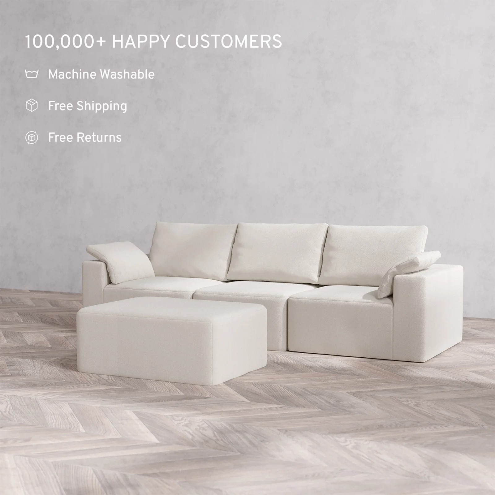 Slipcover Only - Modular Washable 3-Seater + Chaise Ottoman Cloud + Bolster Sofa in Pearl - Image 2
