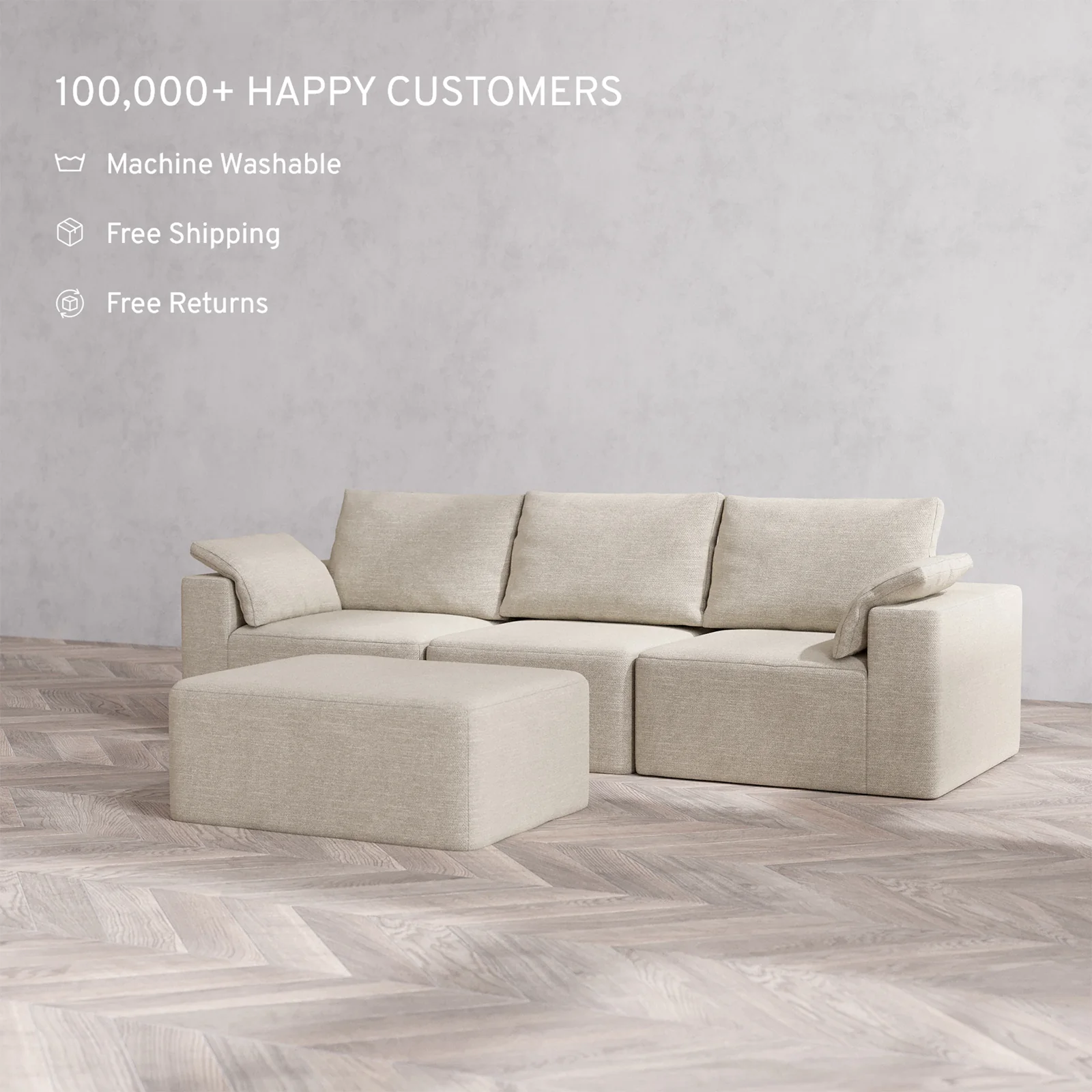 Slipcover Only - Modular Washable 3-Seater + Chaise Ottoman Cloud + Bolster Sofa in Sandstone - Image 2