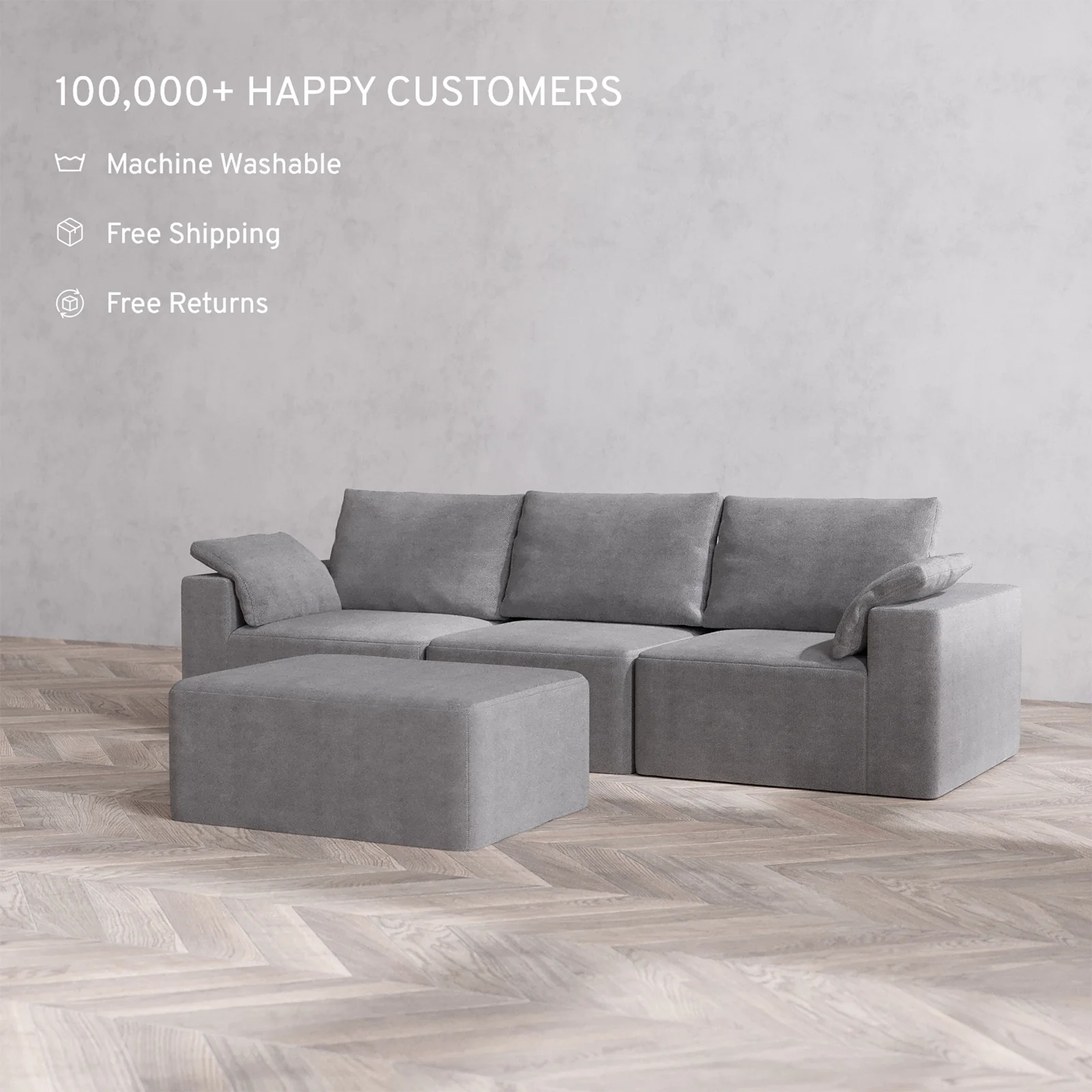 Slipcover Only - Modular Washable 3-Seater + Chaise Ottoman Cloud + Bolster Sofa in Slate - Image 2