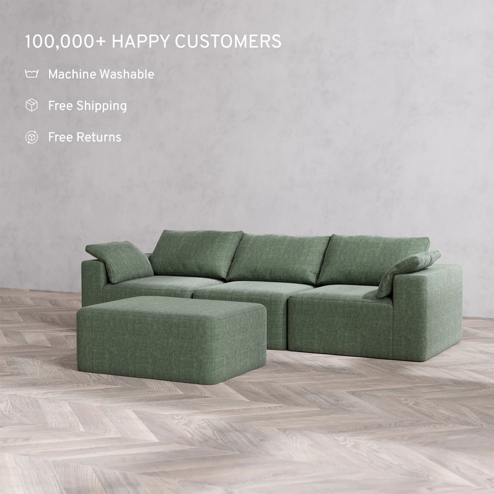 Slipcover Only - Modular Washable 3-Seater + Chaise Ottoman Cloud Sofa in Sage - Image 2