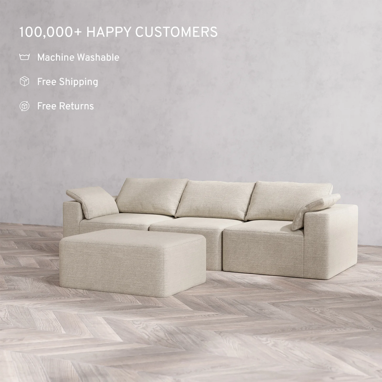 Slipcover Only - Modular Washable 3-Seater + Chaise Ottoman Cloud Sofa in Sandstone - Image 2