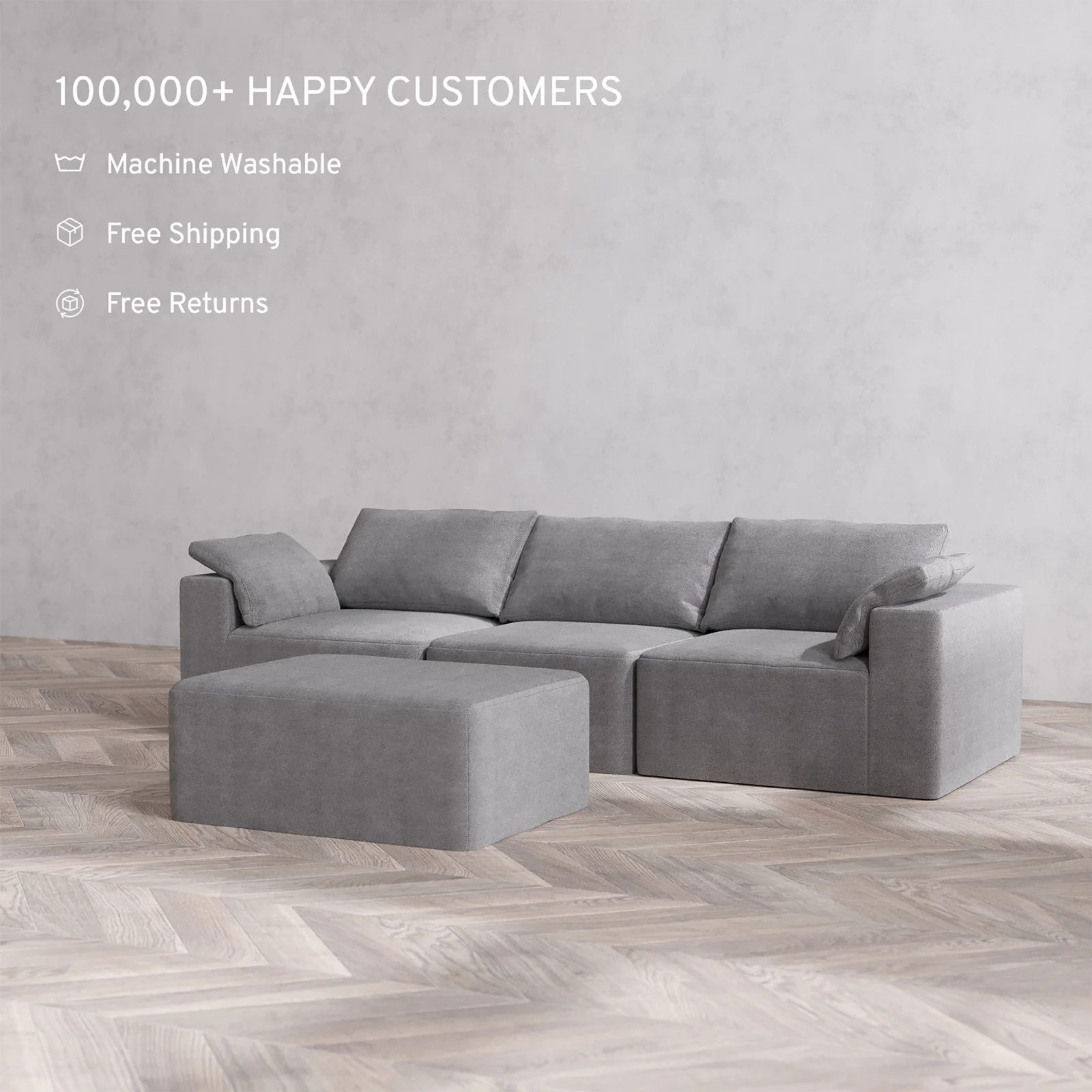 Slipcover Only - Modular Washable 3-Seater + Chaise Ottoman Cloud Sofa in Slate - Image 2