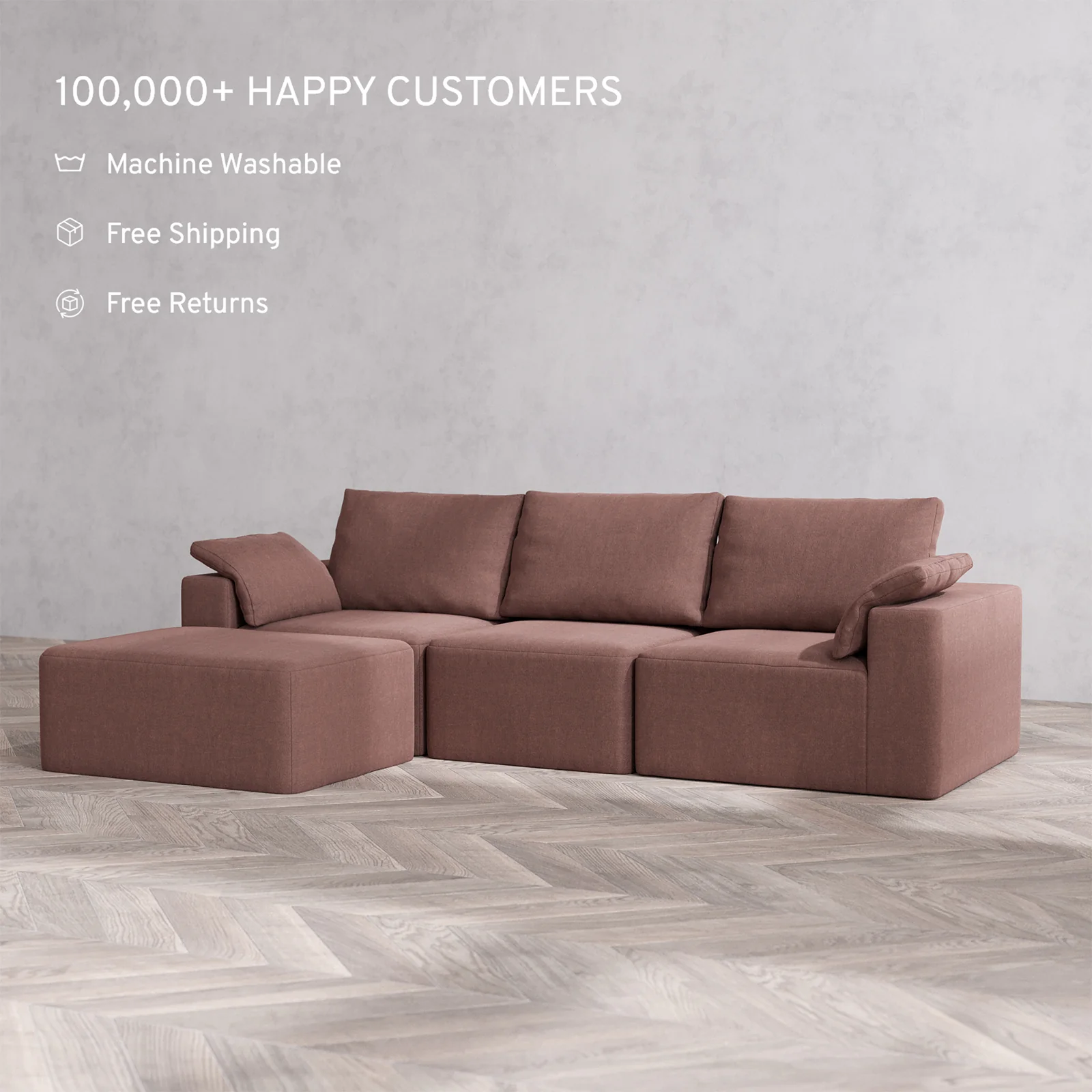 Slipcover Only - Modular Washable 3-Seater Chaise Sectional Cloud + Bolster Sofa in Sumac - Image 2