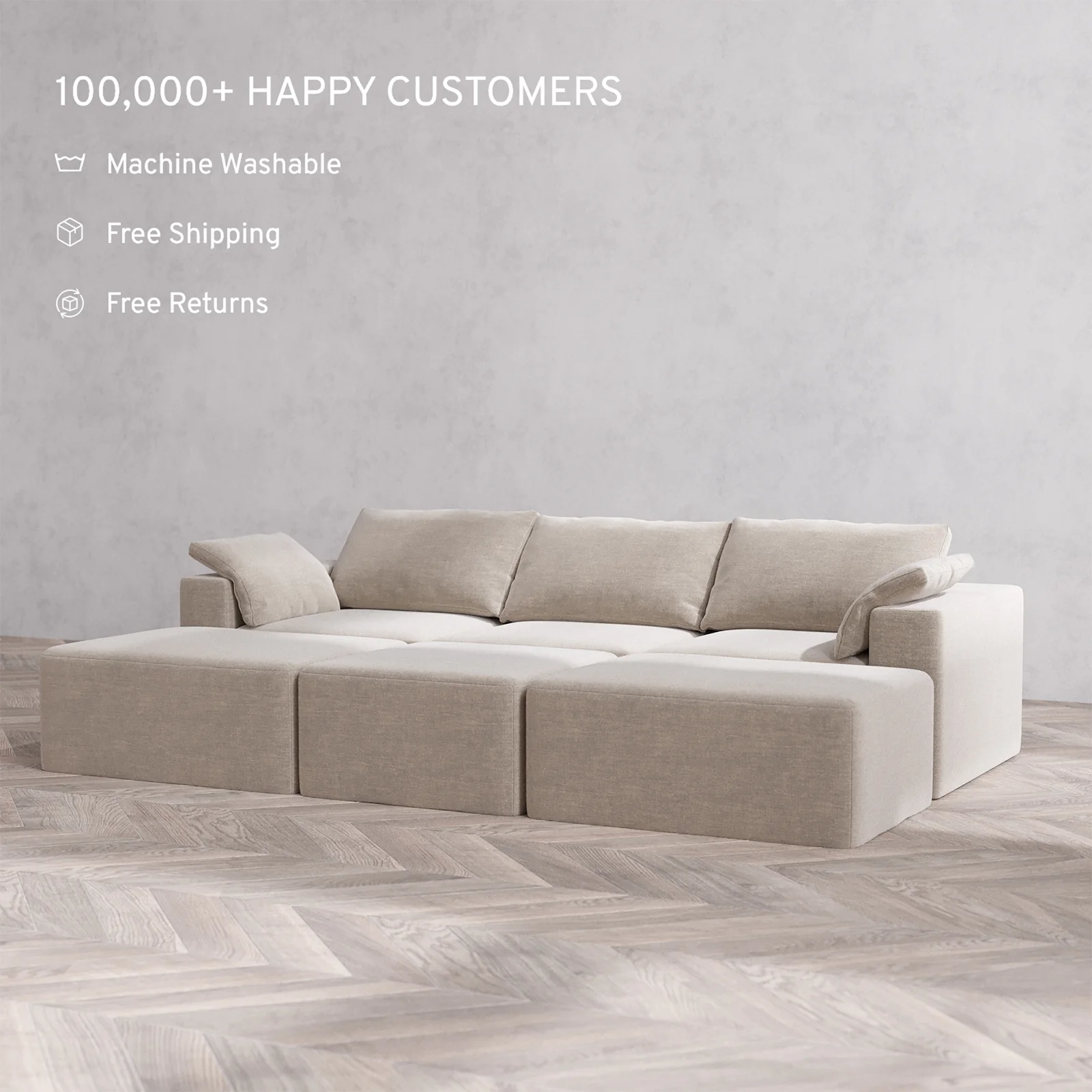 Slipcover Only - Modular Washable 3-Seater Daybed Cloud Sofa Sectional in Caraway - Image 2