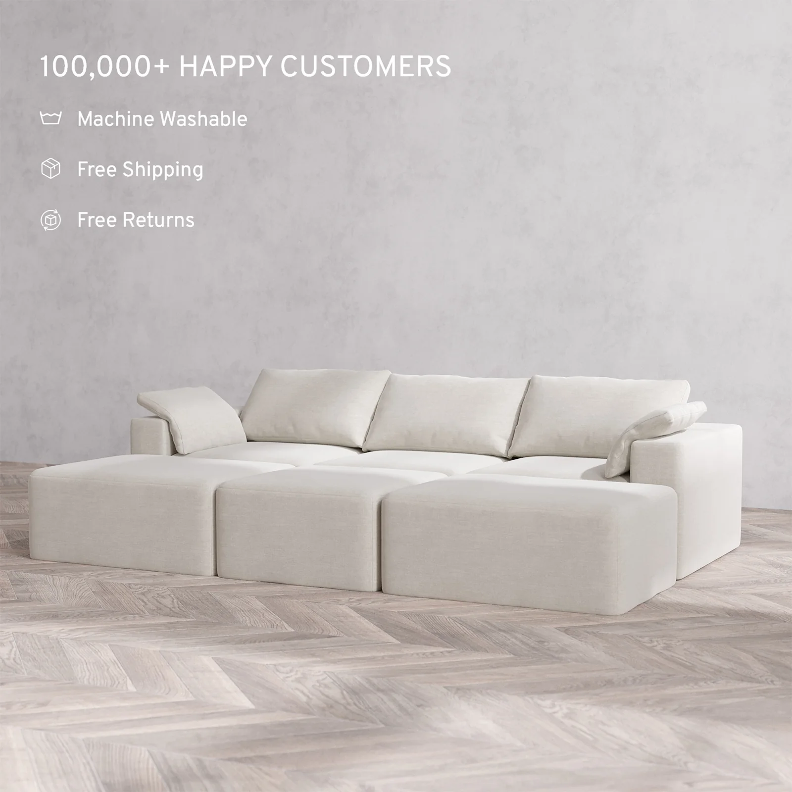 Slipcover Only - Modular Washable 3-Seater Daybed Cloud Sofa Sectional in Cashew - Image 2