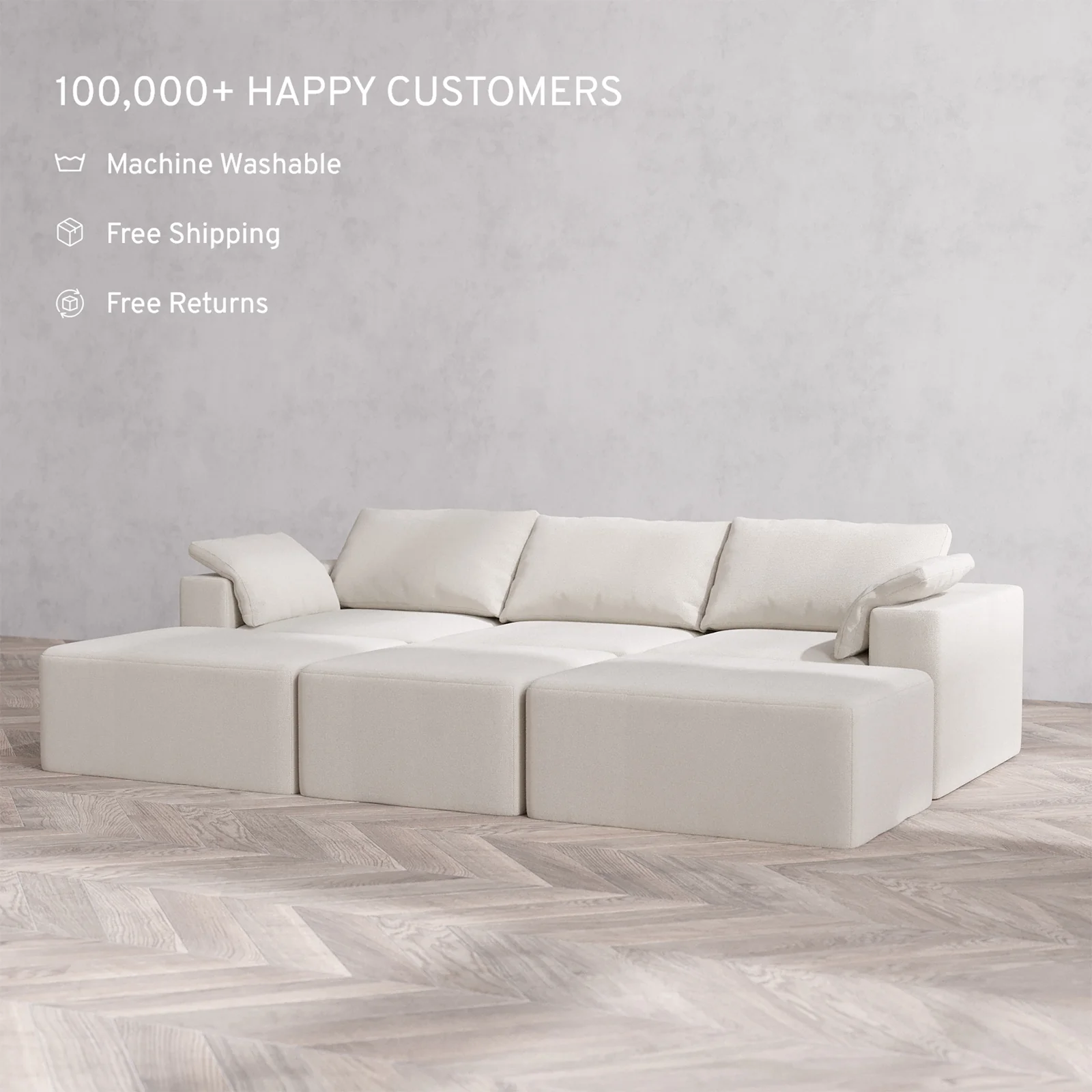 Slipcover Only - Modular Washable 3-Seater Daybed Cloud Sofa Sectional in Pearl - Image 2