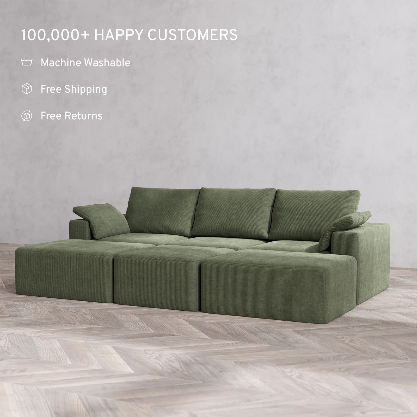 Slipcover Only - Modular Washable 3-Seater Daybed Cloud + Bolster Sofa Sectional in Juniper - Image 2