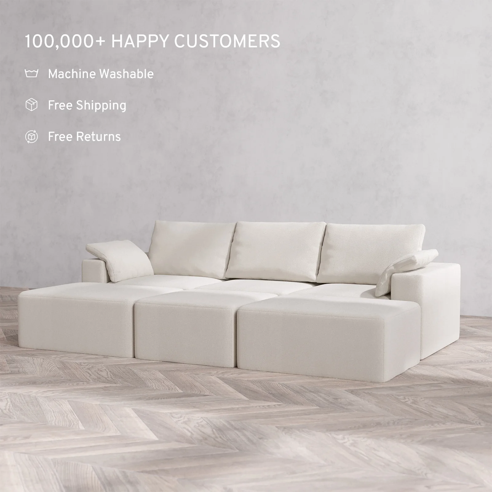 Slipcover Only - Modular Washable 3-Seater Daybed Cloud + Bolster Sofa Sectional in Pearl - Image 2