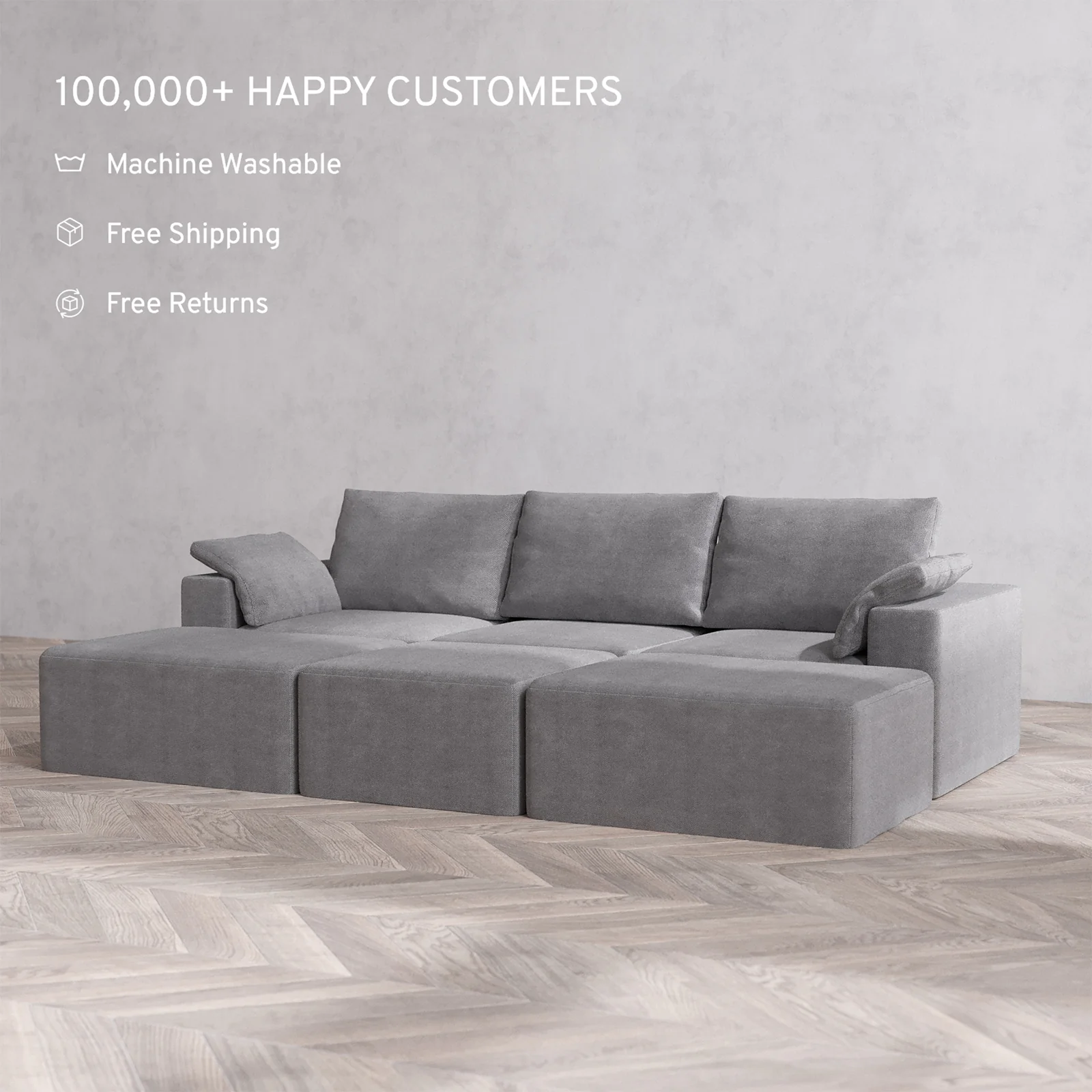 Slipcover Only - Modular Washable 3-Seater Daybed Cloud + Bolster Sofa Sectional in Slate - Image 2