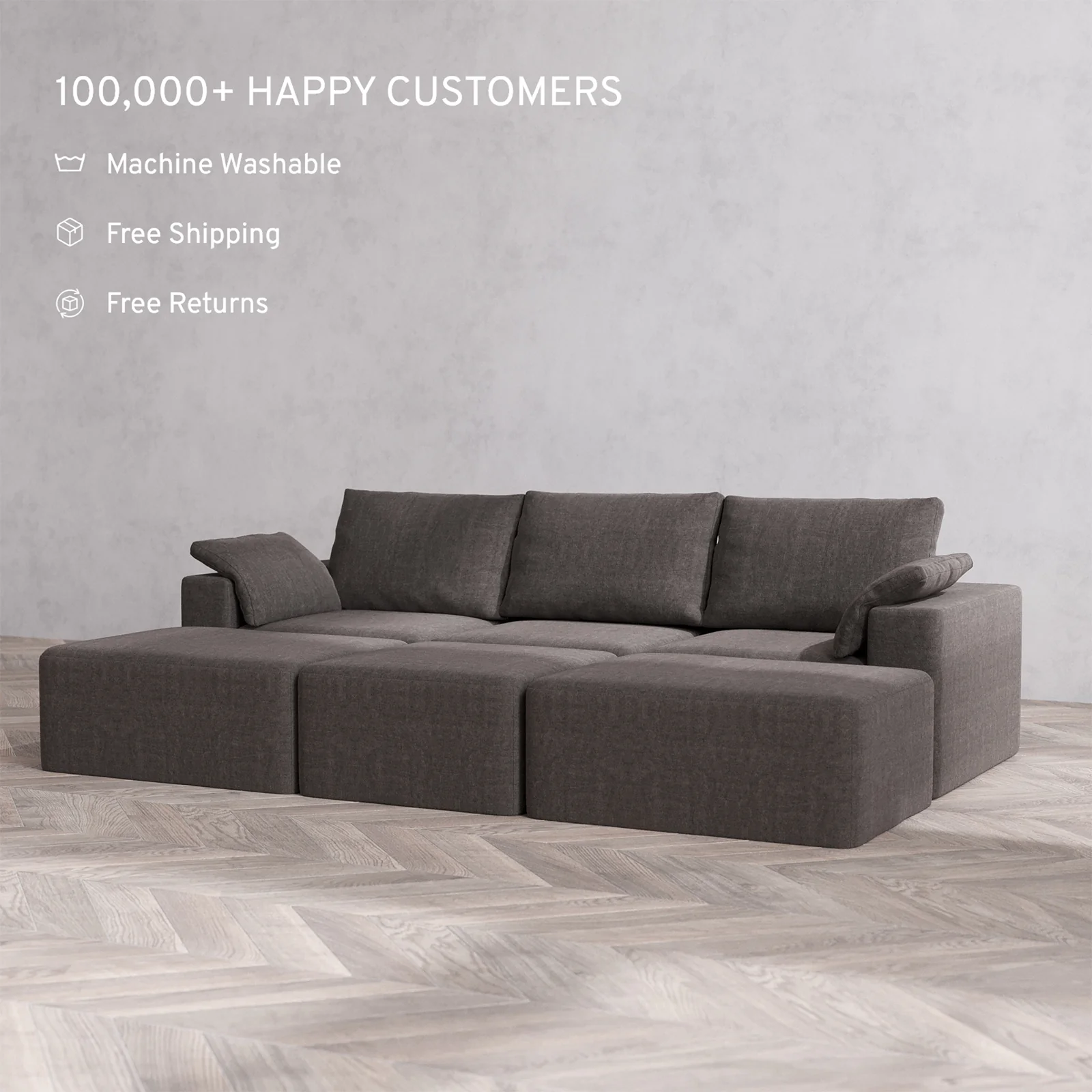 Slipcover Only - Modular Washable 3-Seater Daybed Cloud + Bolster Sofa Sectional in Truffle - Image 2