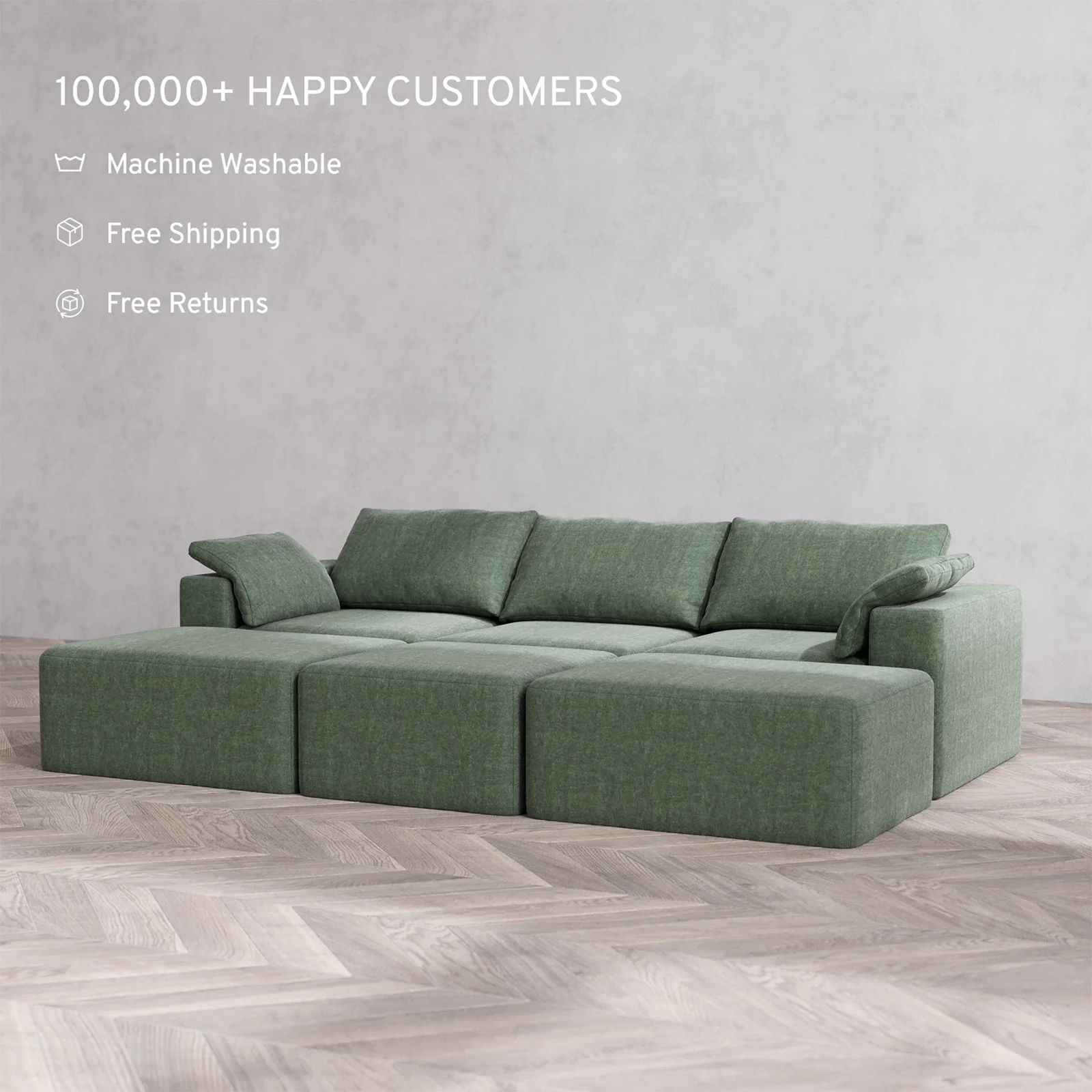 Slipcover Only - Modular Washable 3-Seater Daybed Cloud Sofa Sectional in Sage - Image 2