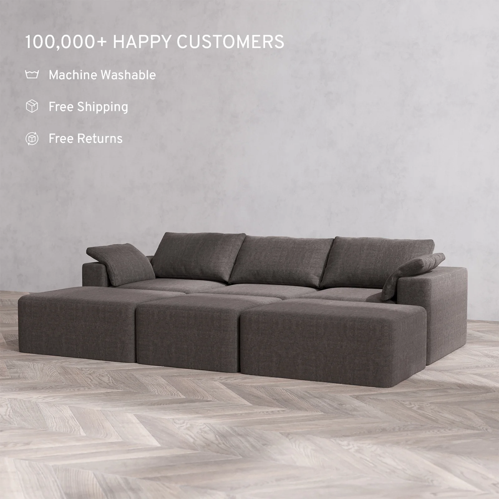 Slipcover Only - Modular Washable 3-Seater Daybed Cloud Sofa Sectional in Truffle - Image 2