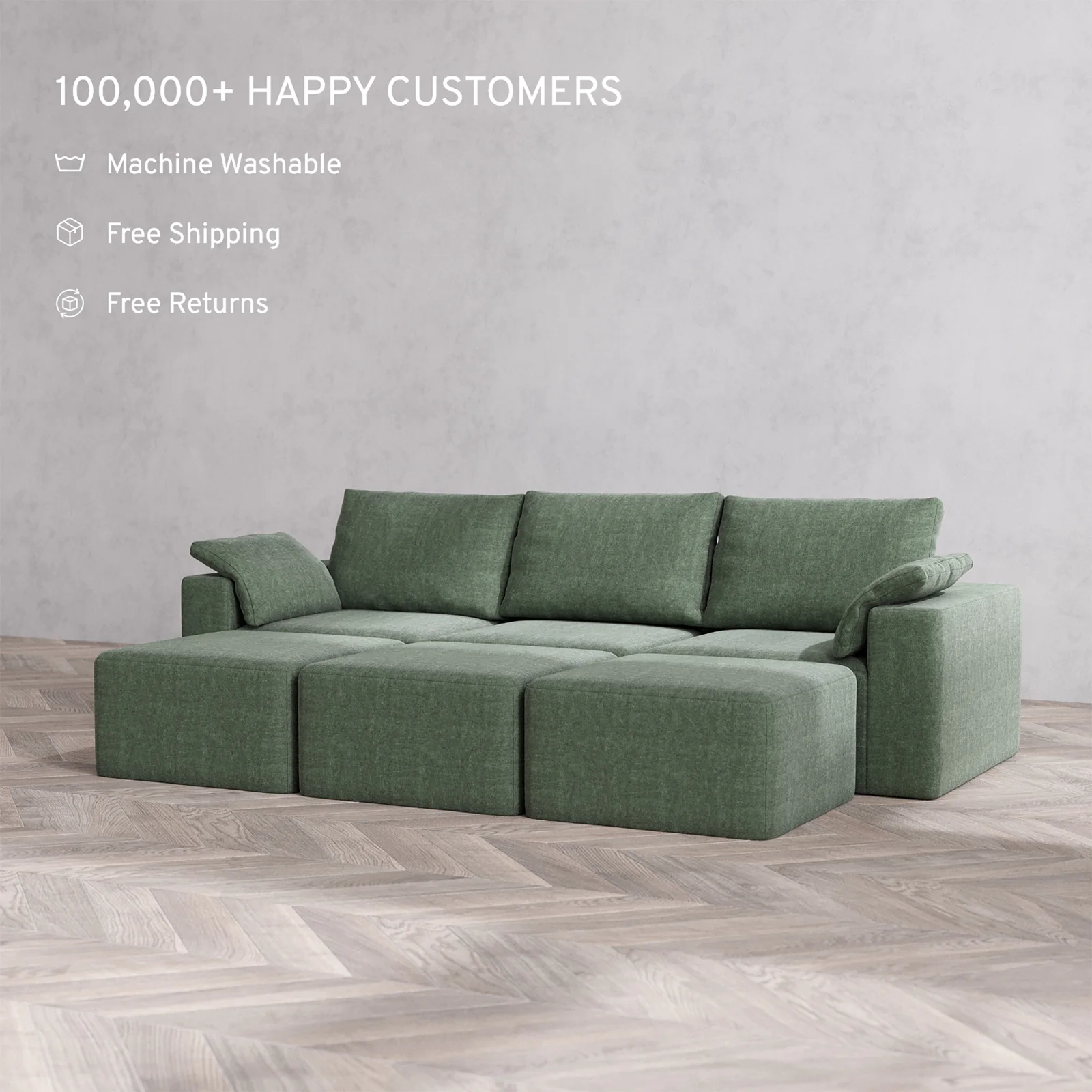Slipcover Only - Modular Washable 3-Seater Lounge Cloud + Bolster Sofa Sectional in Sage - Image 2